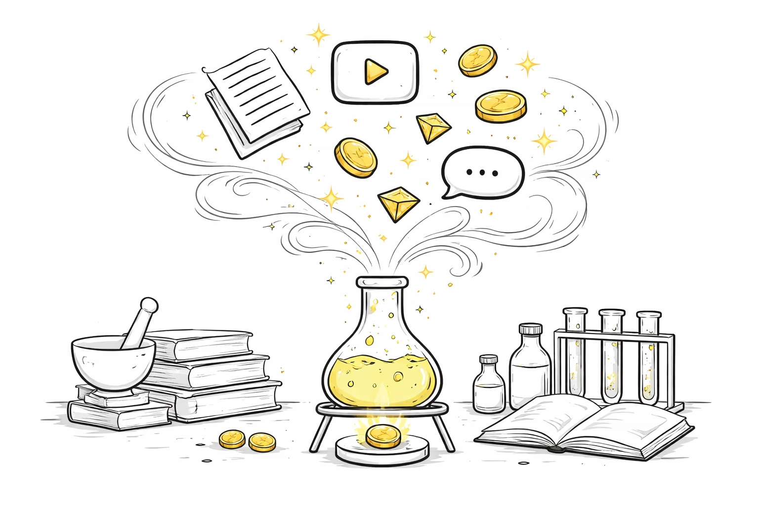 Hand-drawn alchemist scene representing creative transformation of content after the holidays.