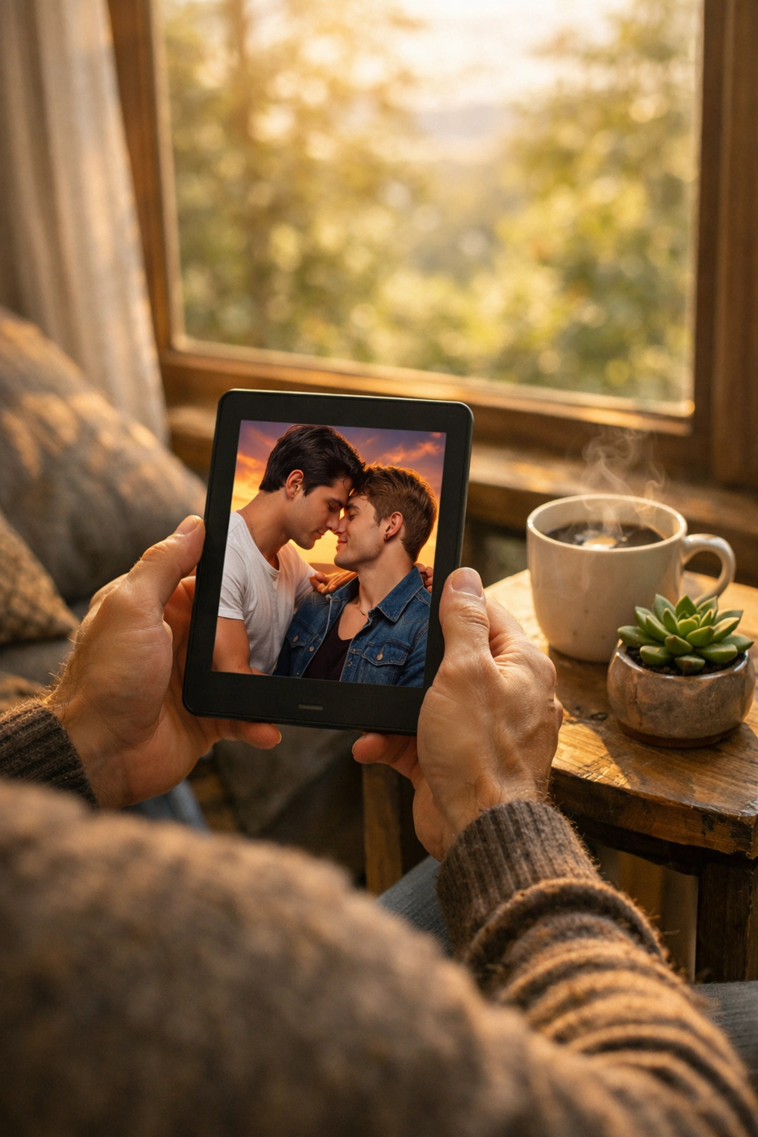 Someone reading a popular MM romance ebook on an e-reader in a peaceful, natural sunlit room.