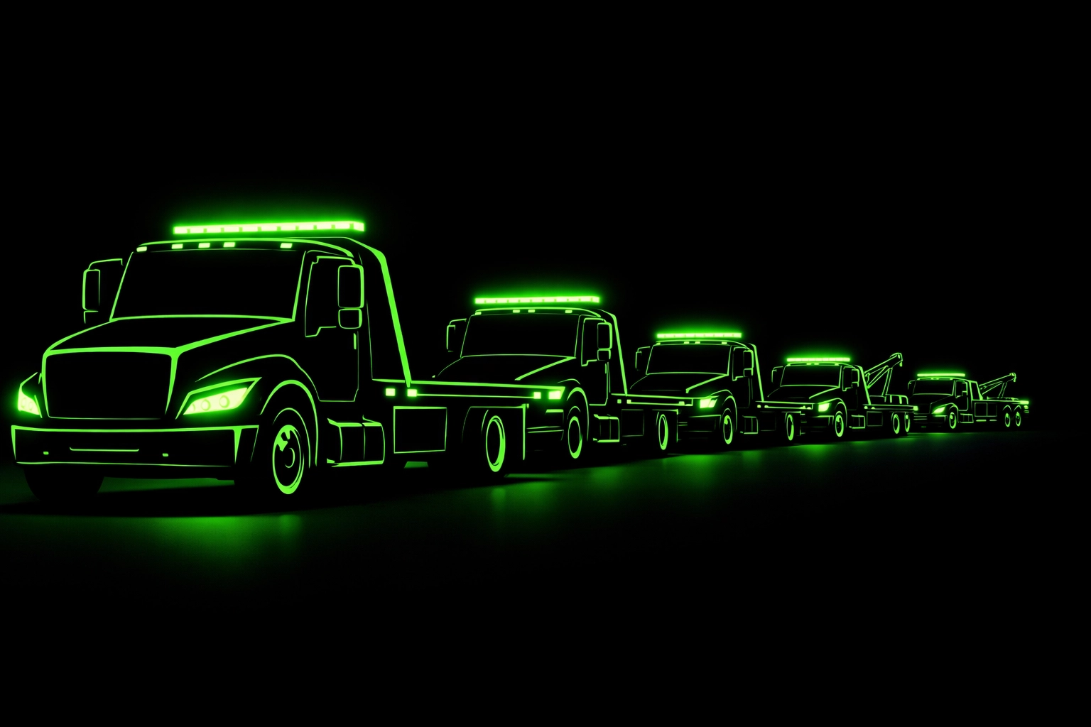 Professional tow truck fleet silhouettes representing business growth and industry leadership in Houston.