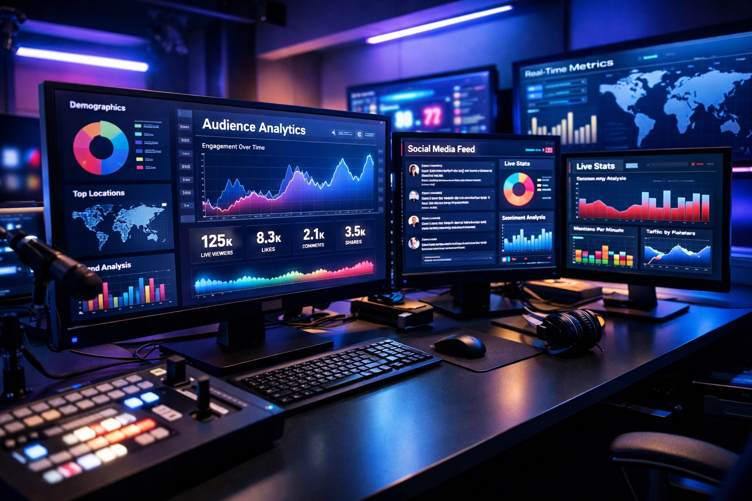 Data analytics dashboard showing media consulting ROI metrics and audience engagement tracking