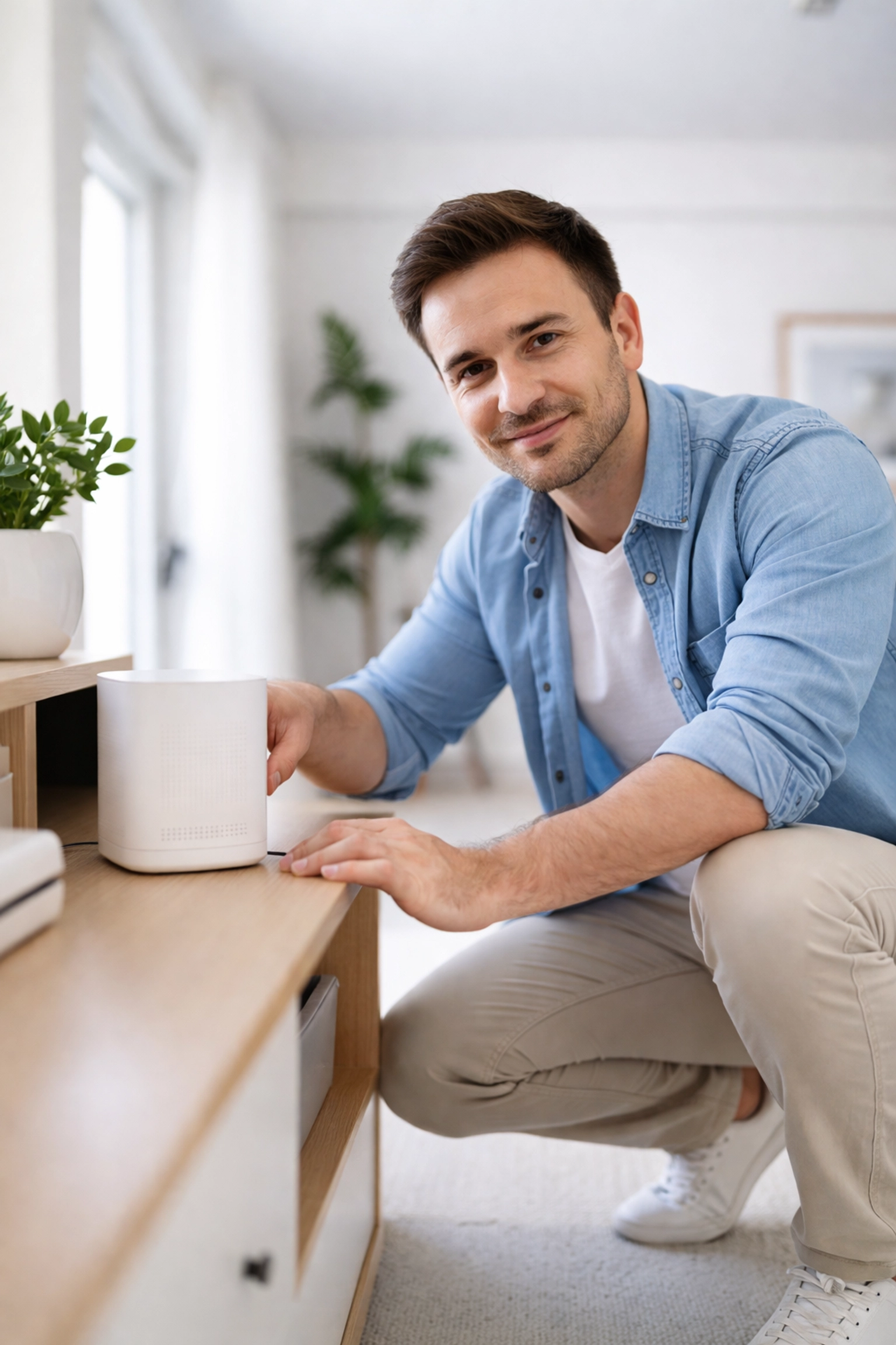 Technician adjusts mesh Wi-Fi router on shelf in a contemporary Cape Town home, ensuring optimal setup.