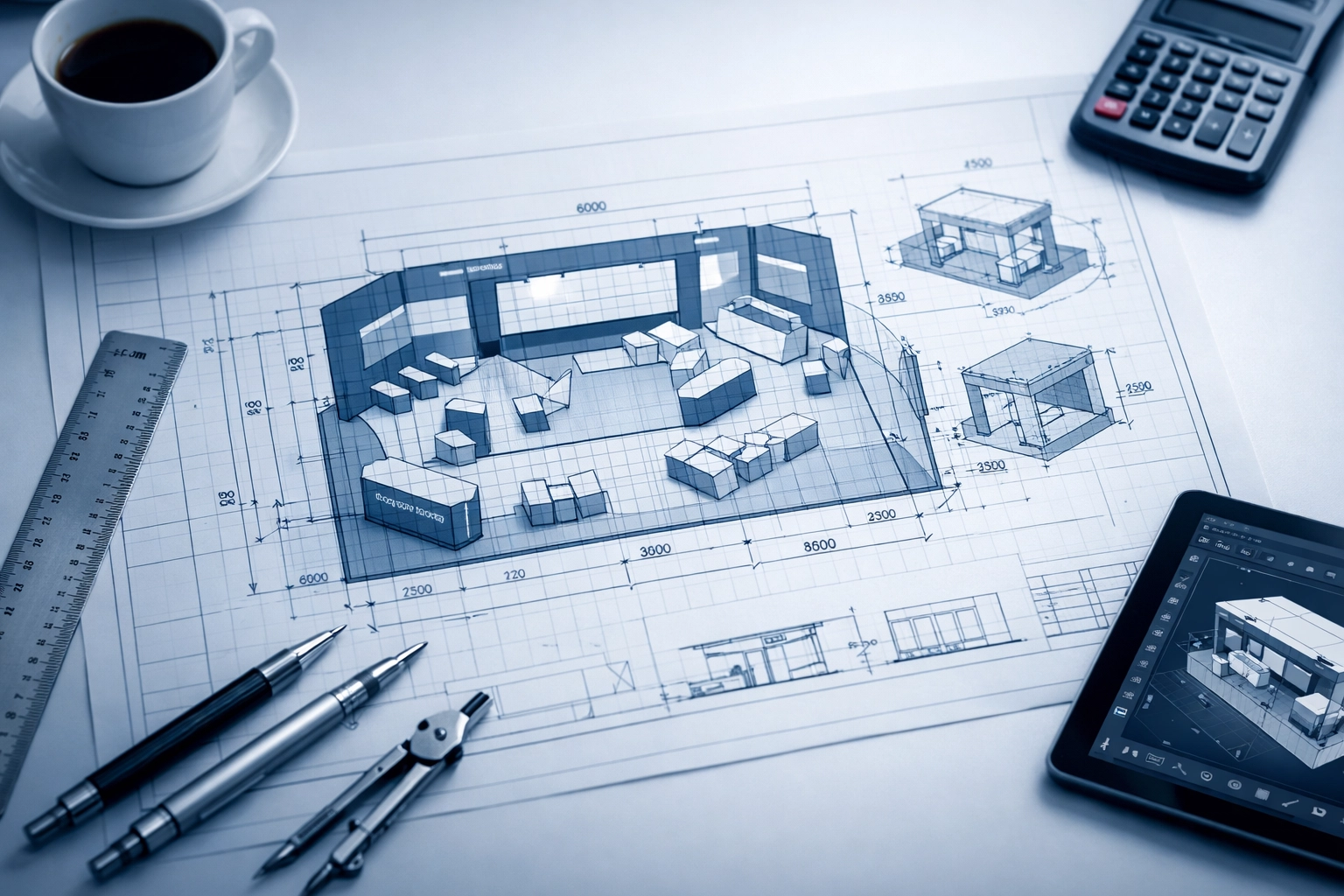Technical blueprint for modular exhibition stand with measurements and planning tools