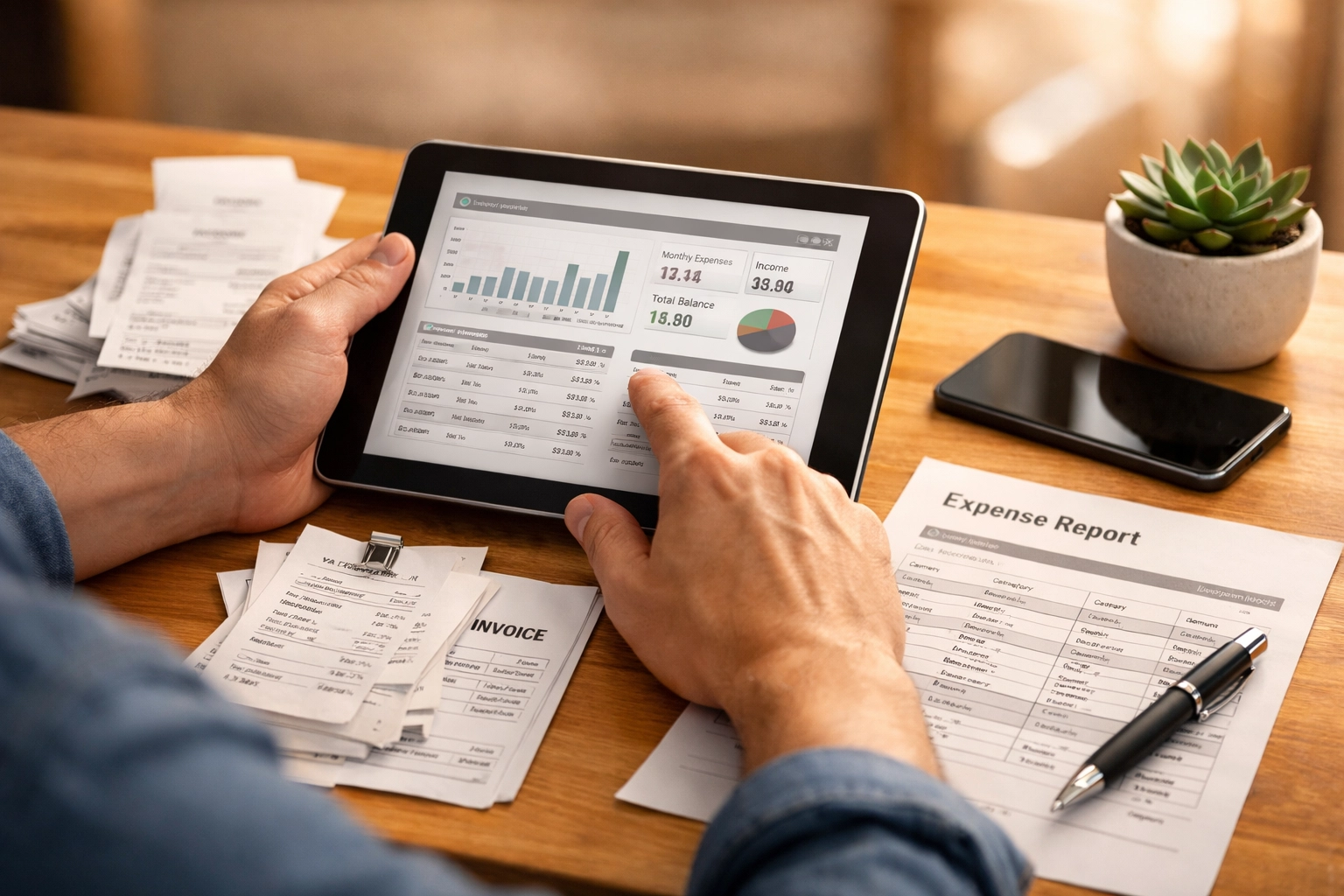 Business owner reviewing receipts and invoices for tax deductions on tablet