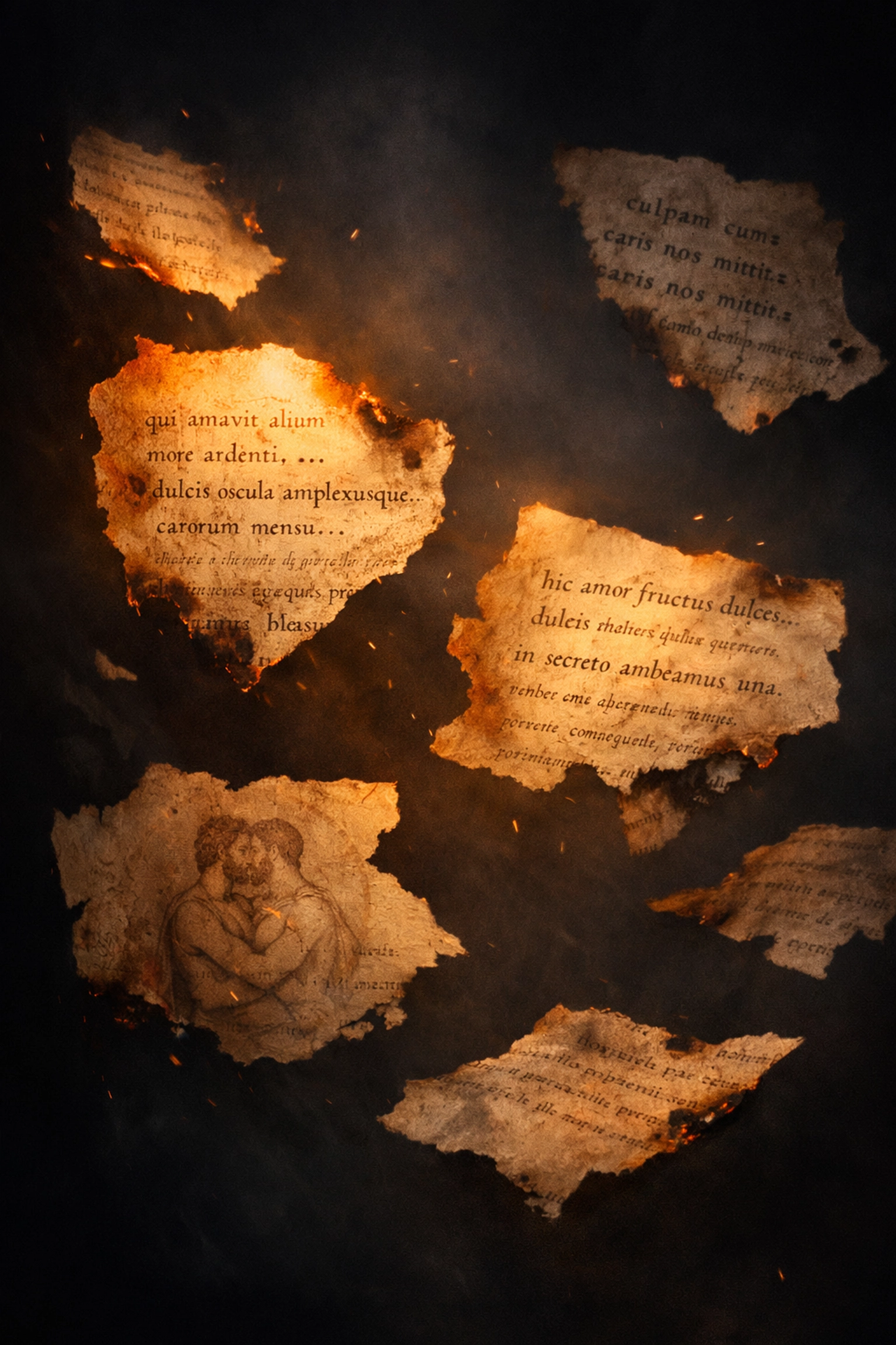 Torn manuscript fragments from The Satyricon symbolizing lost queer history