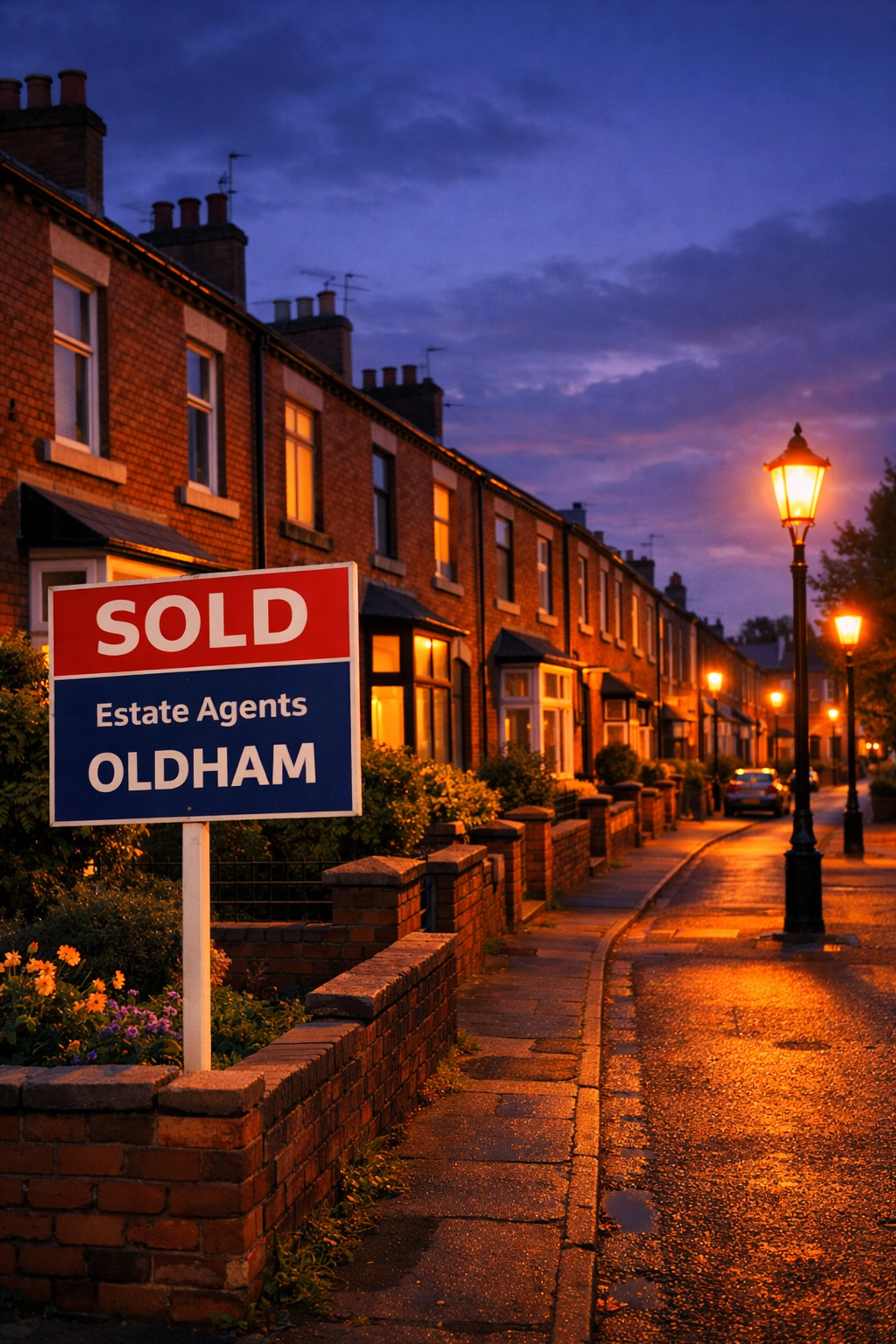 Traditional red-brick terraced street in Oldham with a sold sign during the property hunt.