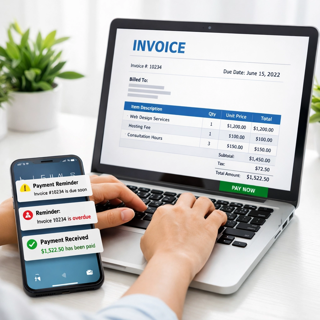 Automated invoice reminders and payment notifications on laptop and smartphone