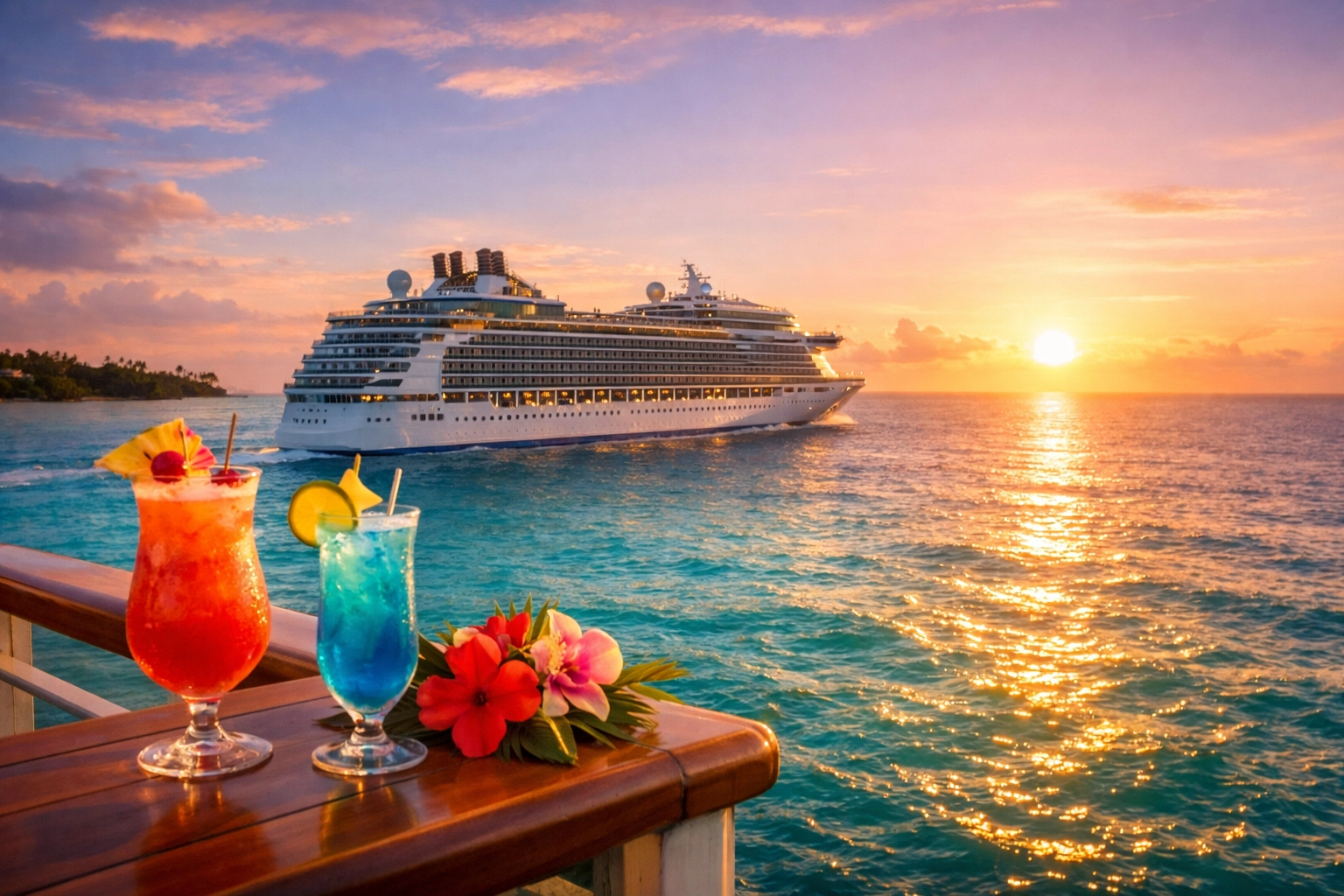 Luxury cruise ship sailing in the Caribbean at sunset with birthday cocktails on a private balcony.