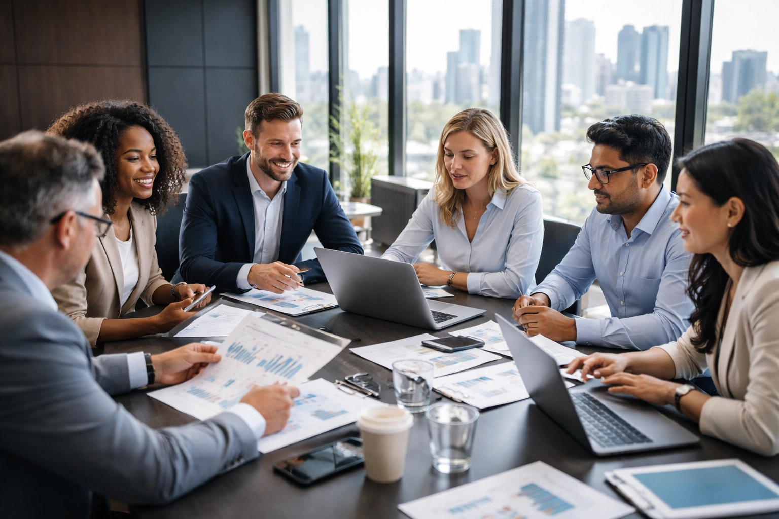 Diverse team of Brisbane accountants collaborating in a modern office, emphasizing professional expertise