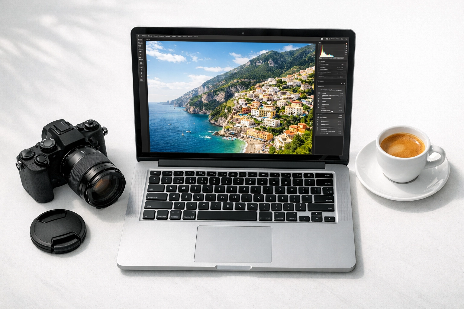Photographer's workspace showing a crisp Amalfi Coast photo optimized for website speed.