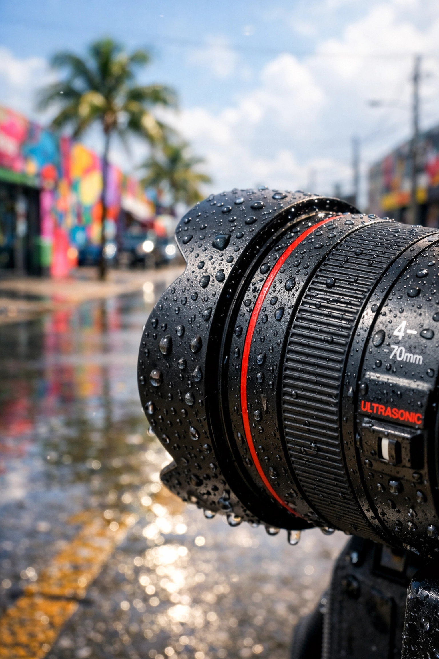 Professional camera gear in Wynwood Miami showing weather-sealed lens during a tropical brand photography shoot.