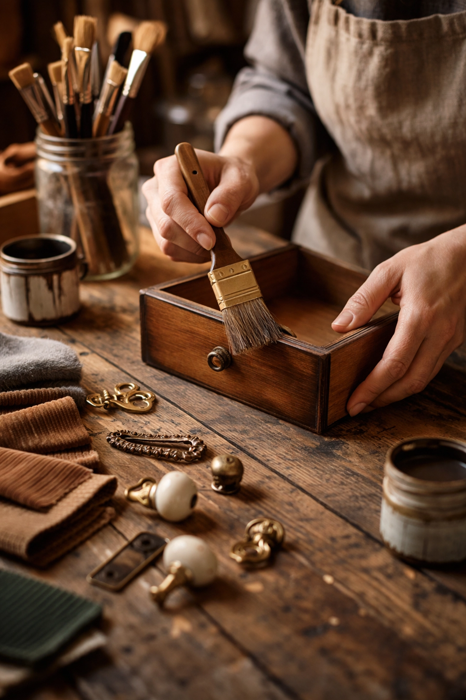 Hands refinishing a wooden dresser drawer with vintage hardware, showing DIY grandmacore furniture restoration and handcrafted decor.