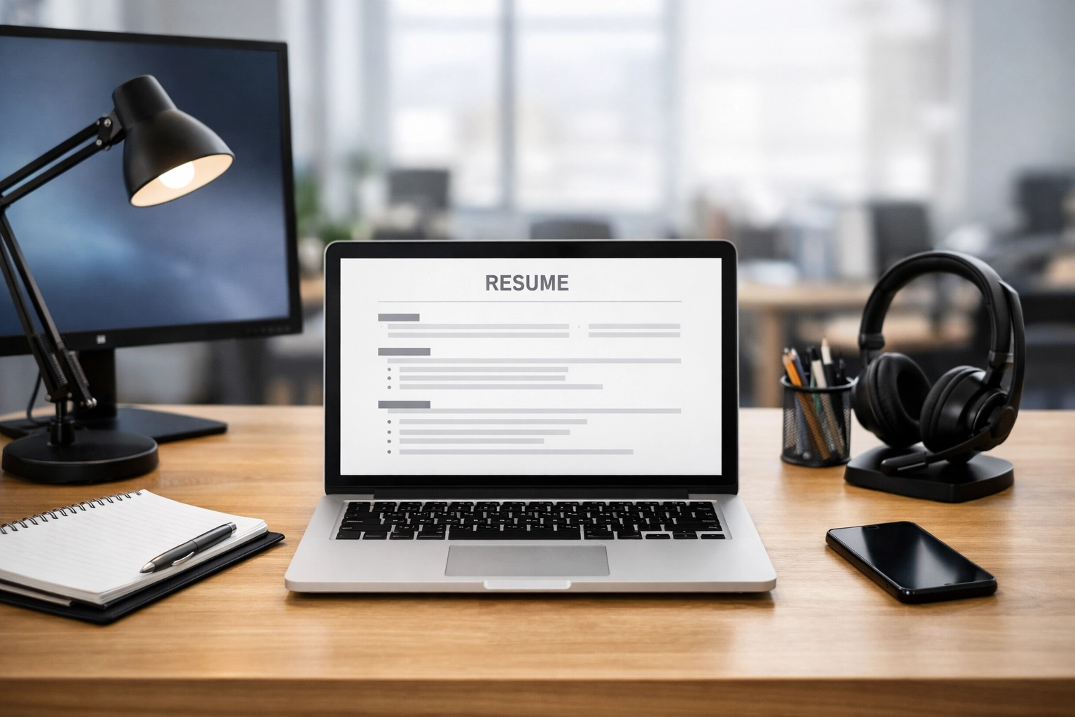 Modern office workspace with a blank sample resume on a laptop screen and office equipment nearby.