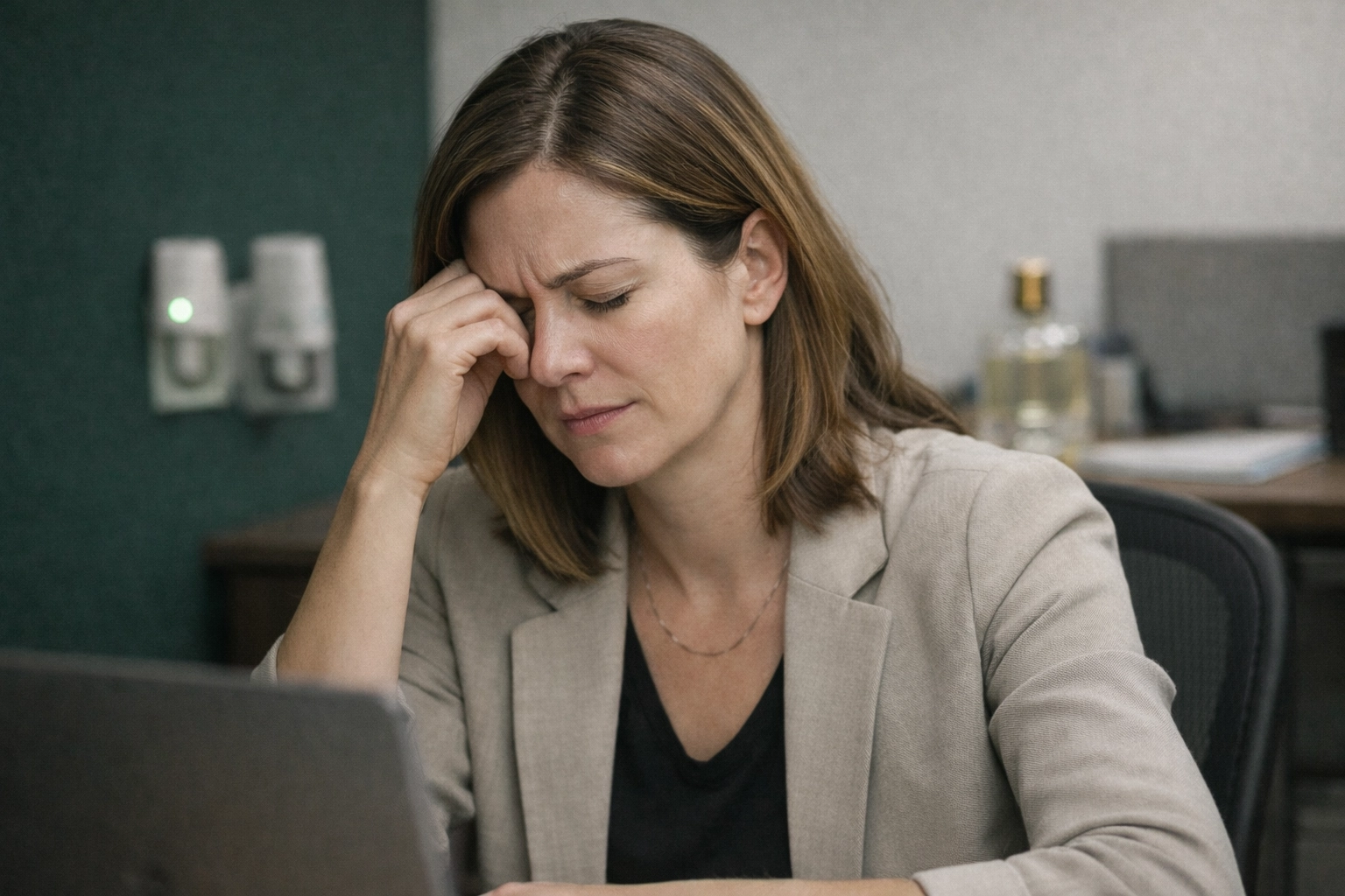 Person at an office desk showing subtle discomfort in a fragranced environment
