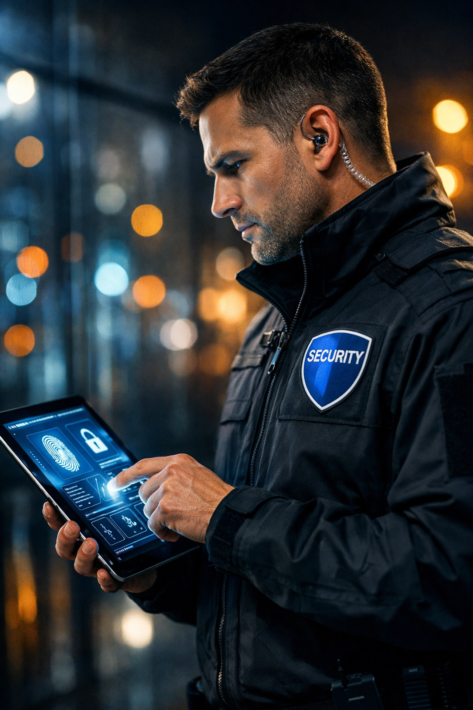 Security professional using advanced technology for real-time monitoring and incident reporting.