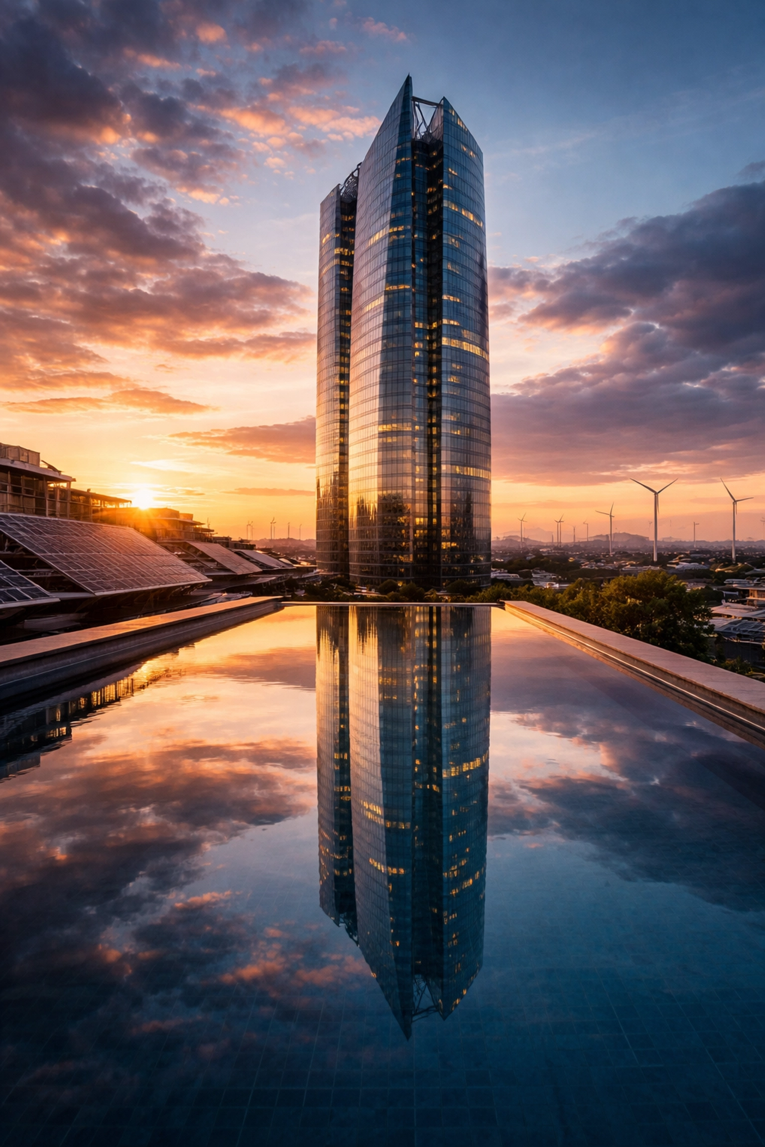 Modern skyscraper, solar panels, and wind turbines at sunset depicting real estate and infrastructure investments