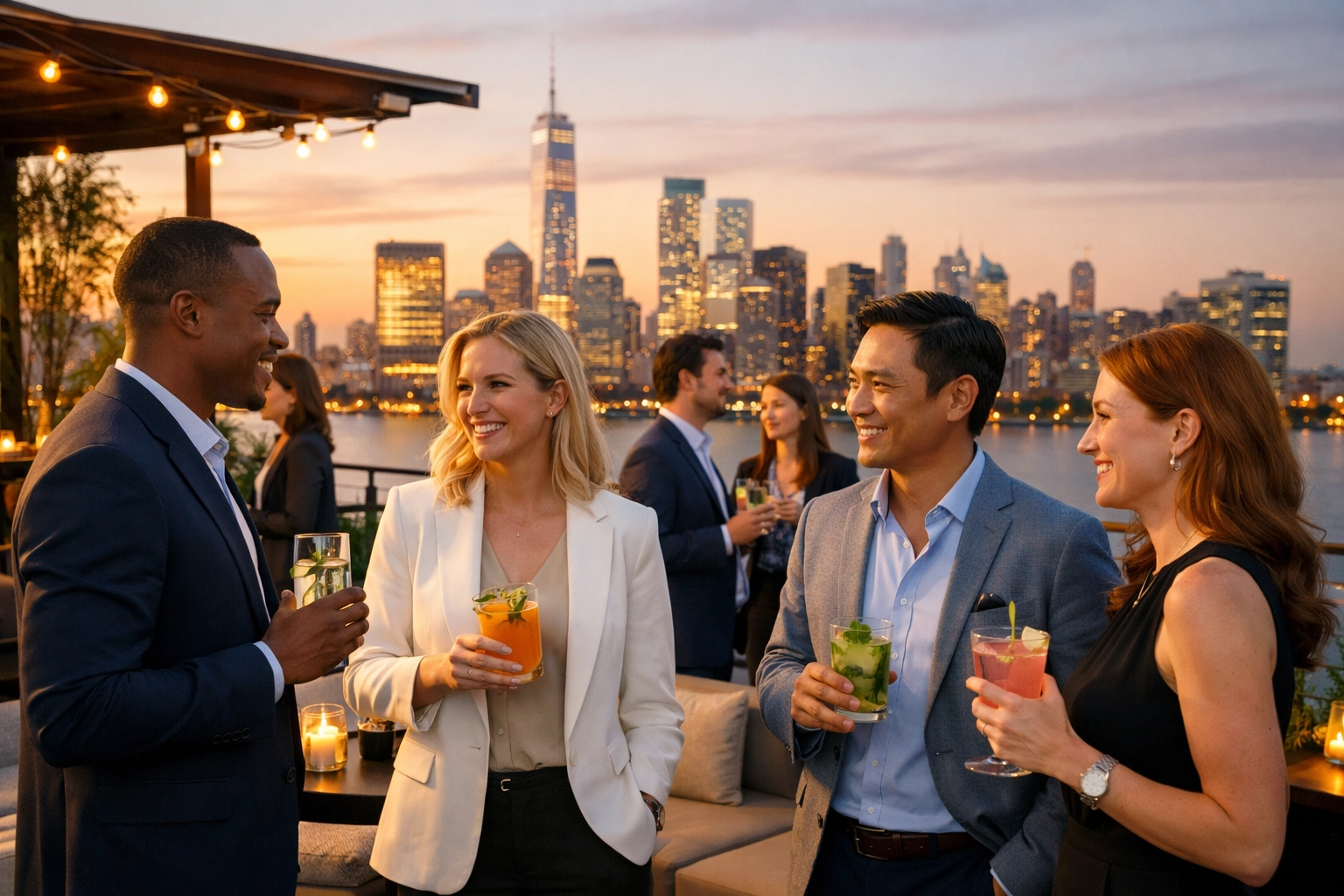 Corporate executives networking at a luxury rooftop lounge during a high-stakes Super Bowl event.