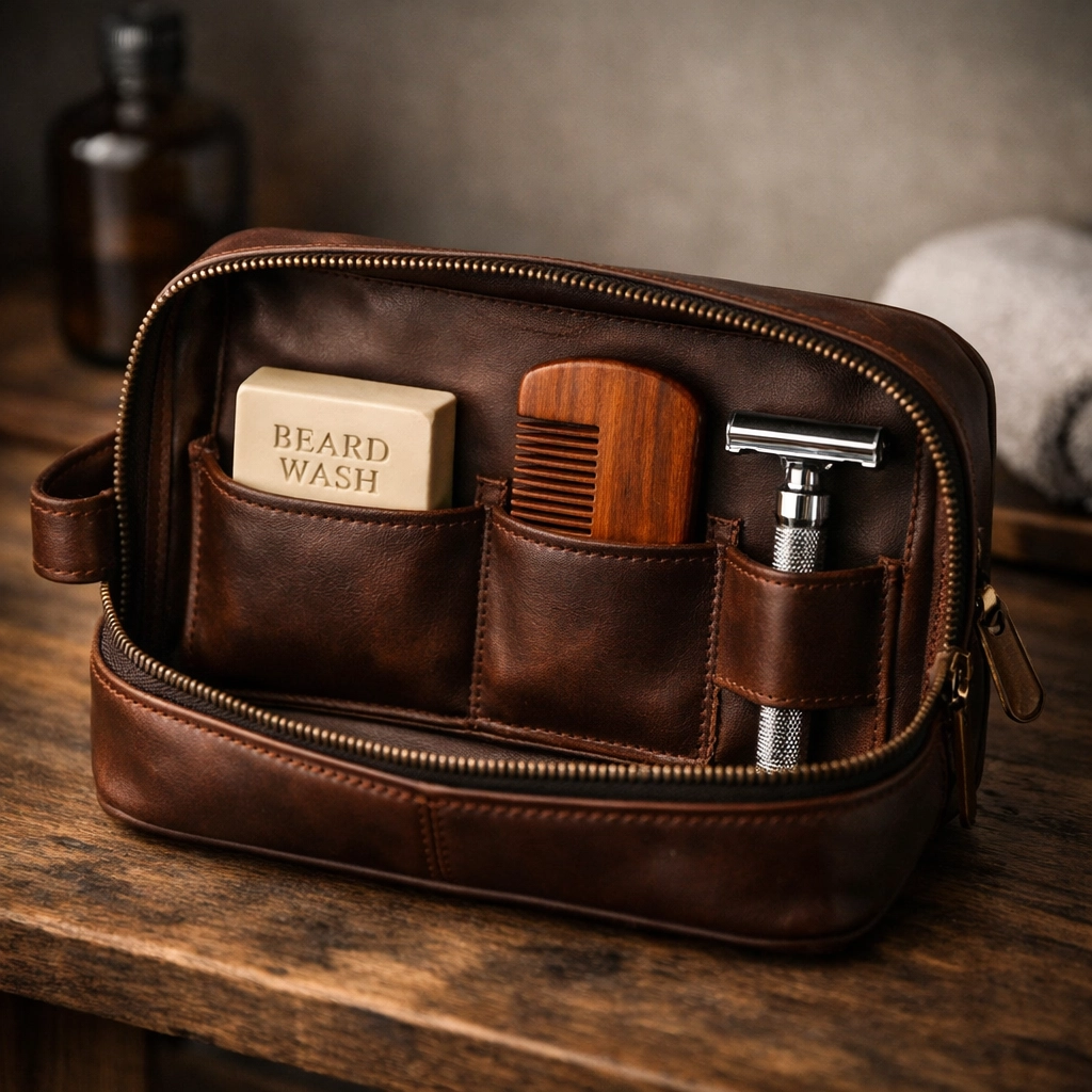 Travel-friendly beard grooming kit with a solid wash bar and comb in a leather dopp kit.
