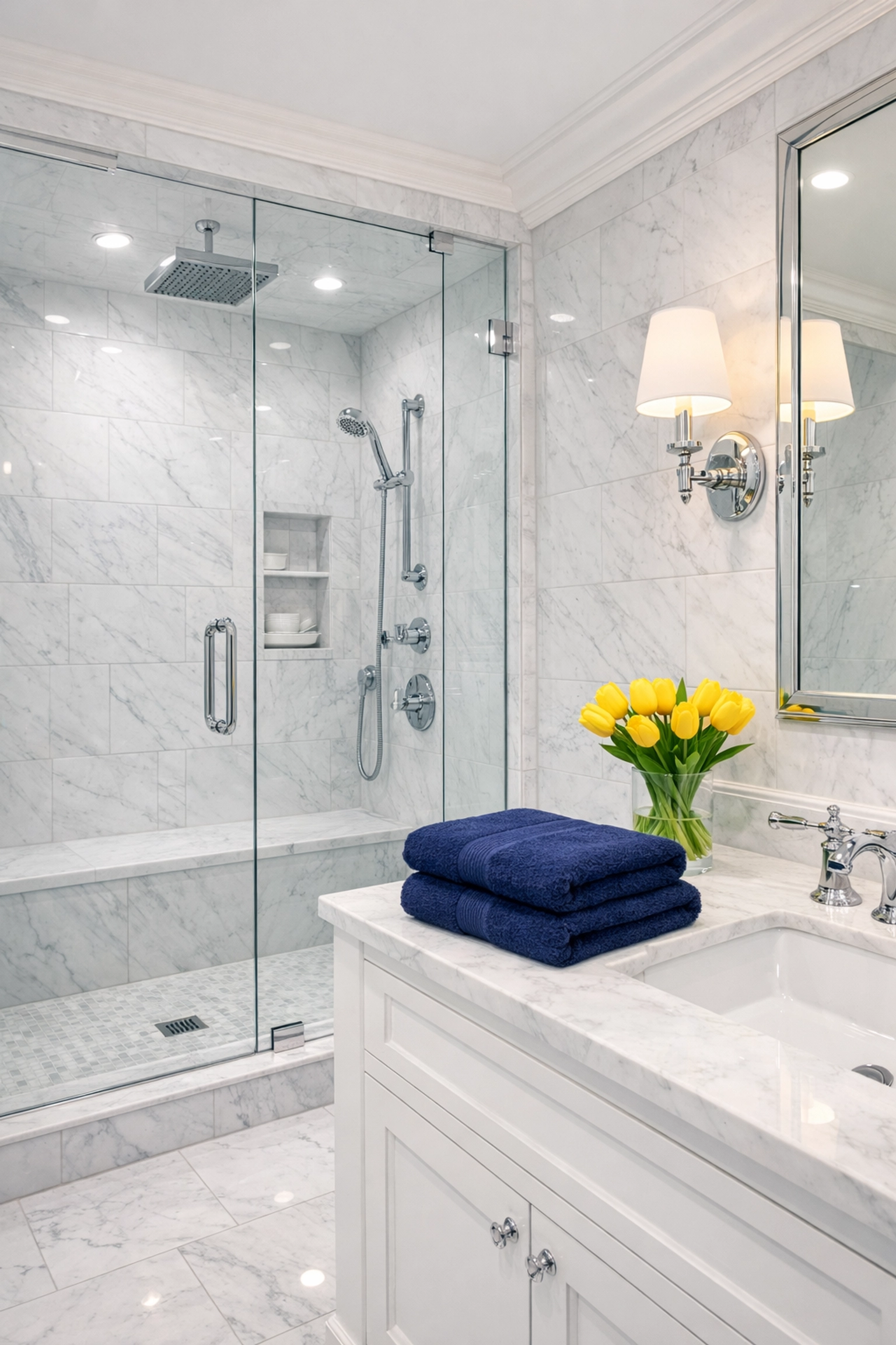 Luxury bathroom in Leominster after professional post-construction cleaning with sparkling fixtures.