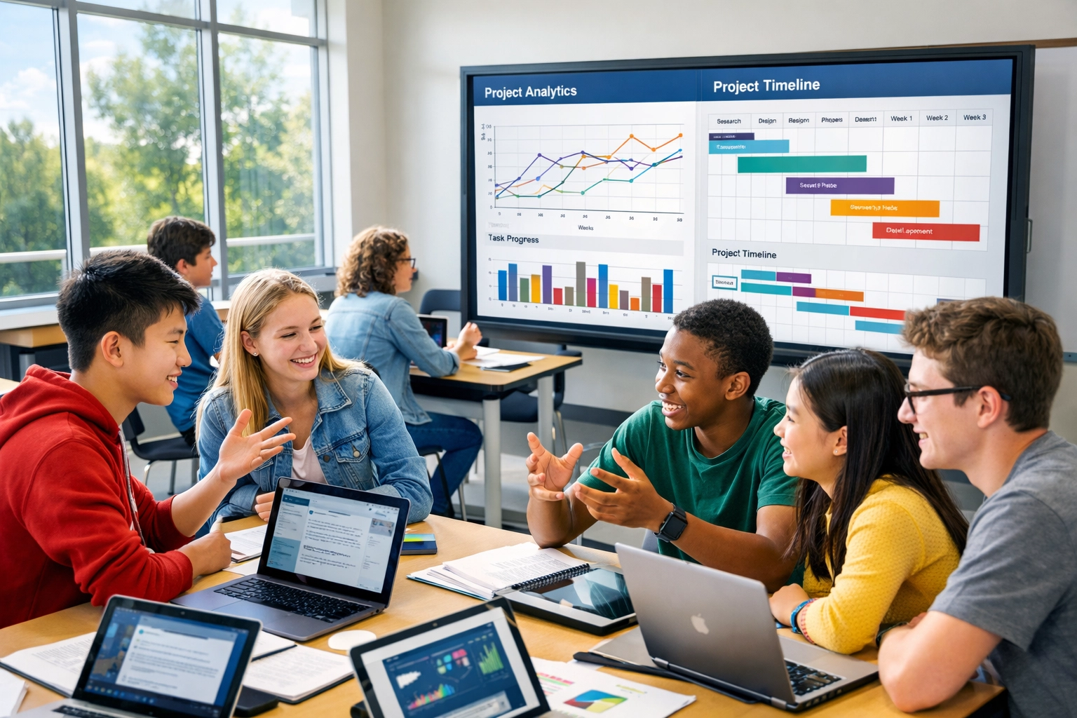 Students collaborating with interactive data displays in future-ready classroom