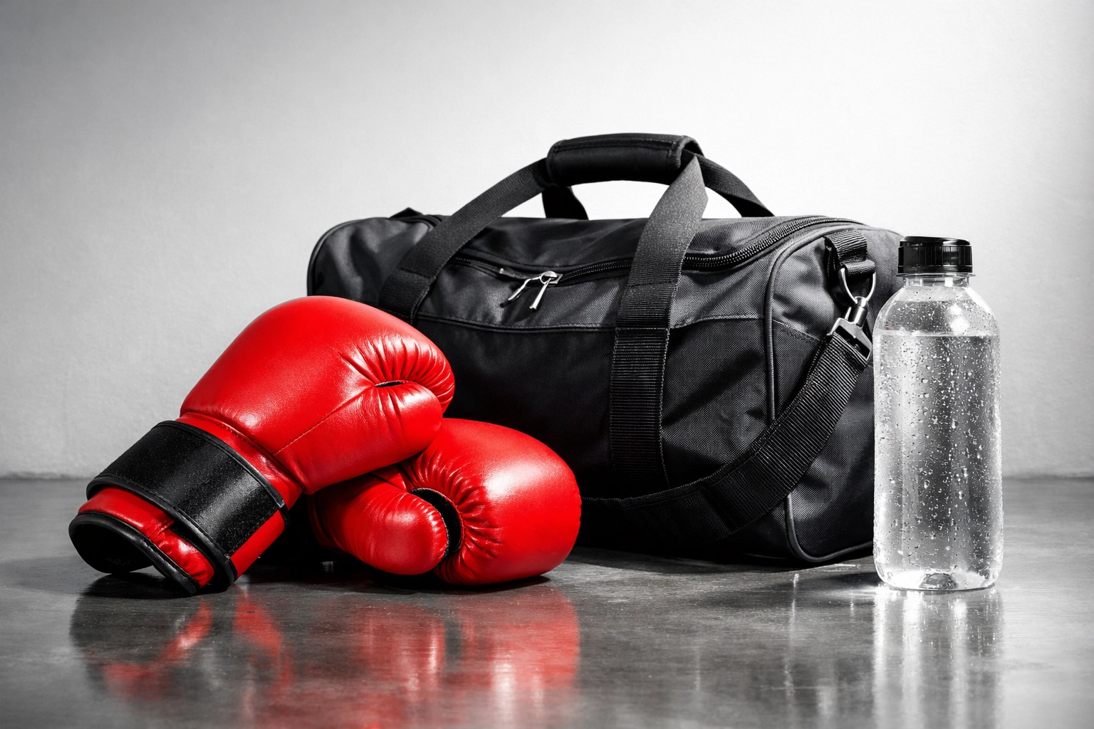 Essential kickboxing gear with red boxing gloves and a water bottle for class preparation.