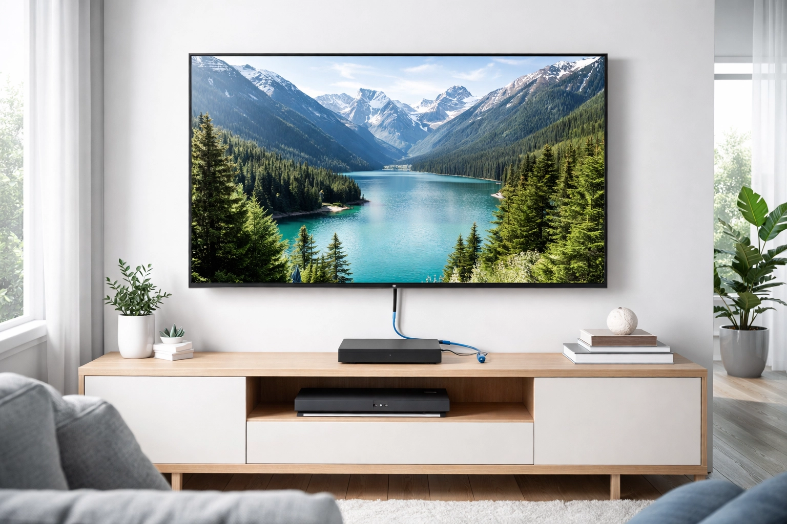 Contemporary living room with a 4K smart TV and streaming device connected via Ethernet, ensuring smooth and buffer-free streaming.