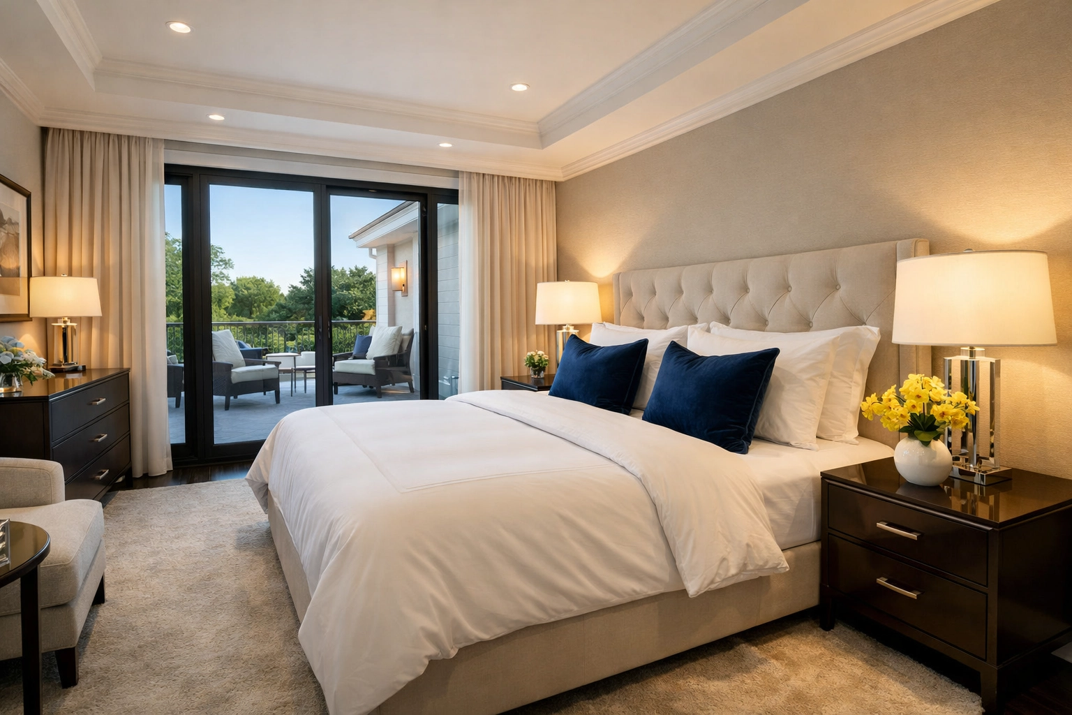 A contemporary Boxford estate bedroom with dust-free surfaces following a professional luxury cleaning service.