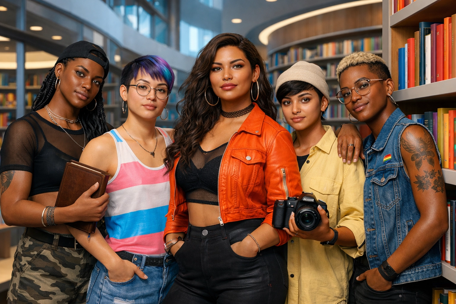 Diverse group of trans and non-binary people of color in a library, showing inclusive representation.