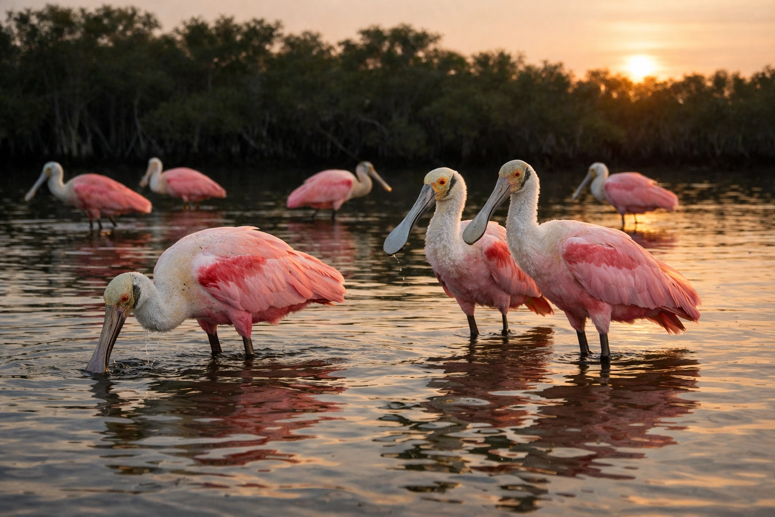 Roseate Spoonbills at Eco Pond, perfect for capturing wildlife photography in the Everglades at sunset.