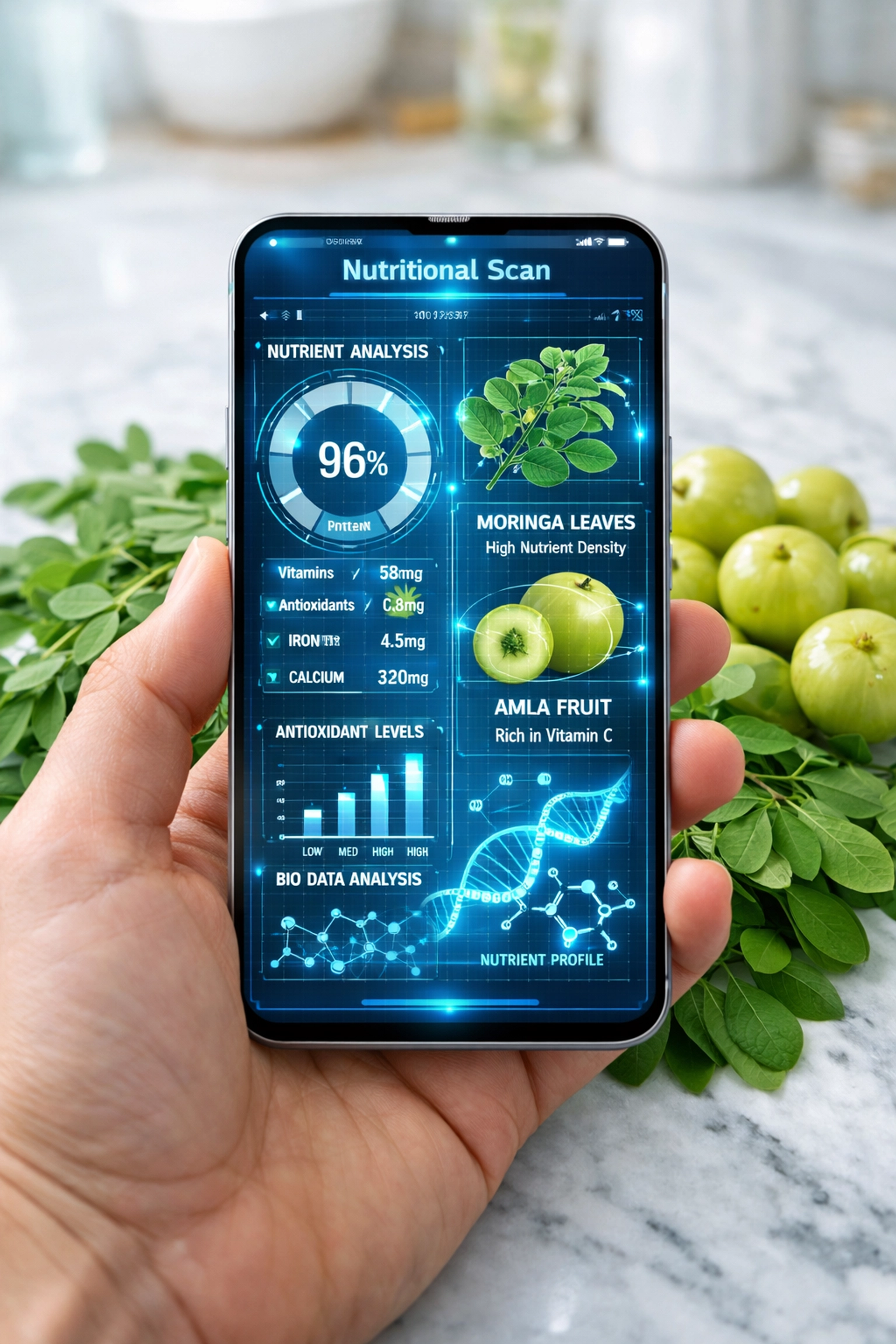 Smartphone app scanning fresh superfoods to recommend personalized natural home remedies.