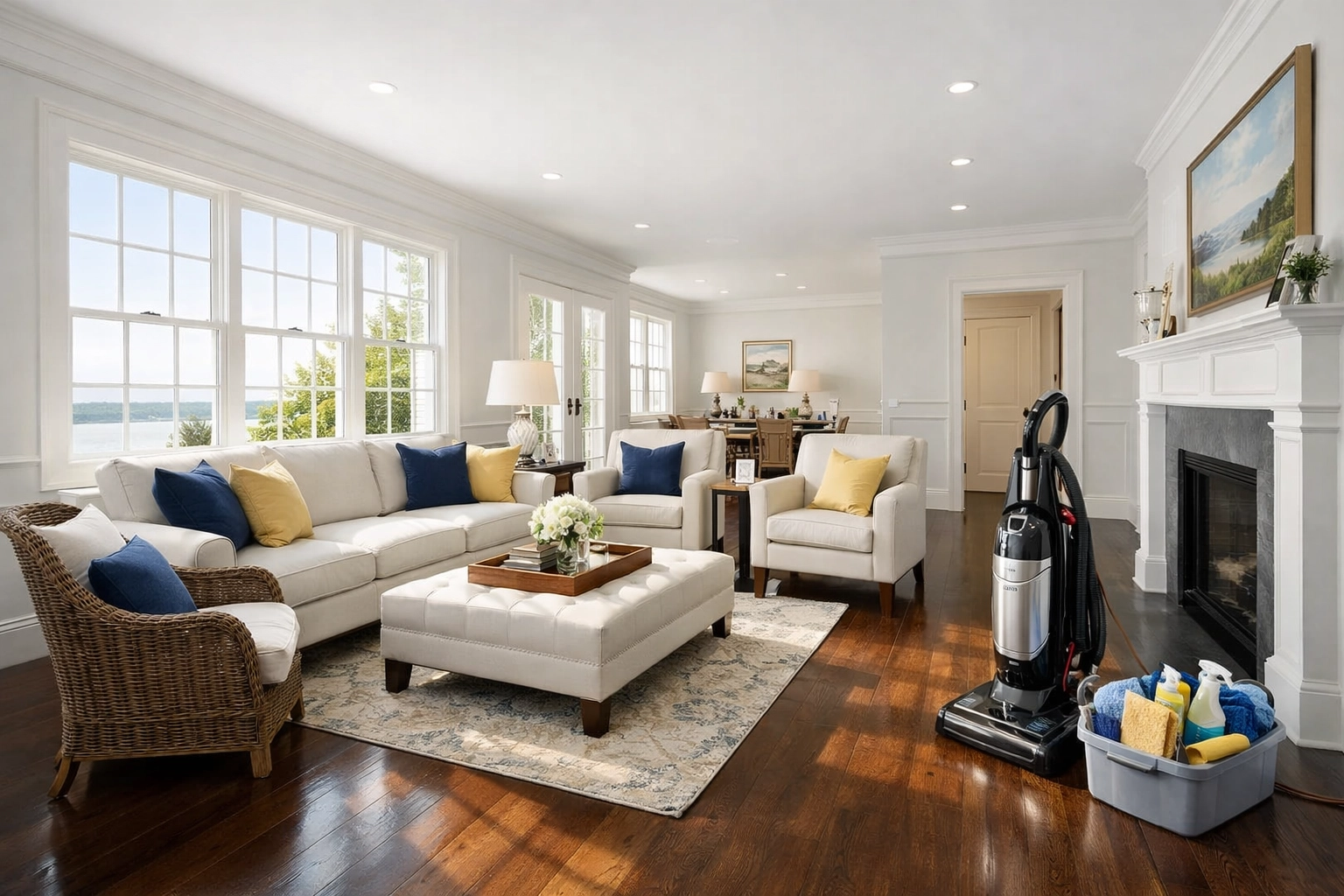 Spotless living room after a recurring house cleaning in Hudson service by The Cleaning Ninjas Inc.