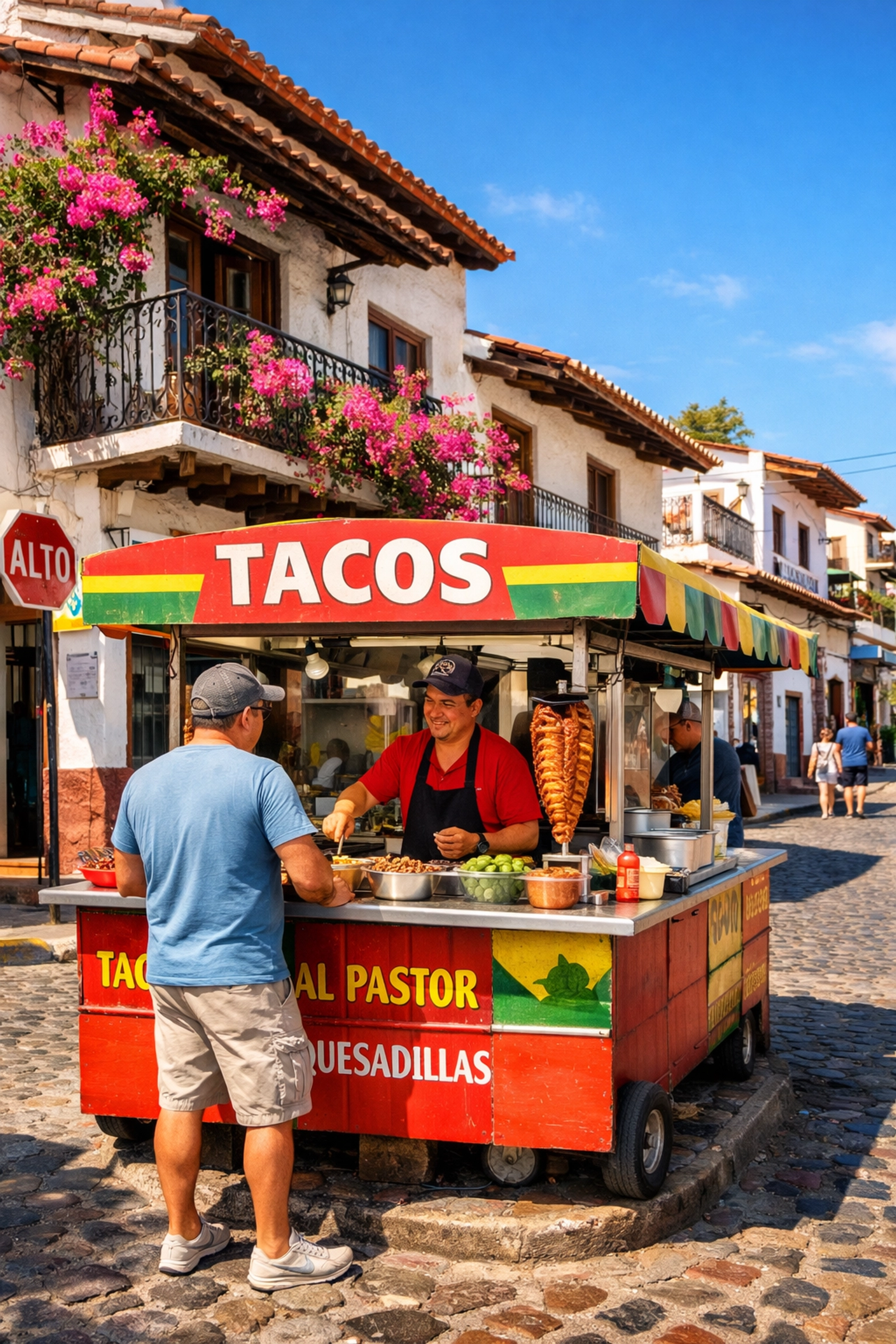 A vibrant taco stand near Puerto Vallarta apartments in Zona Romántica, perfect for remote workers.