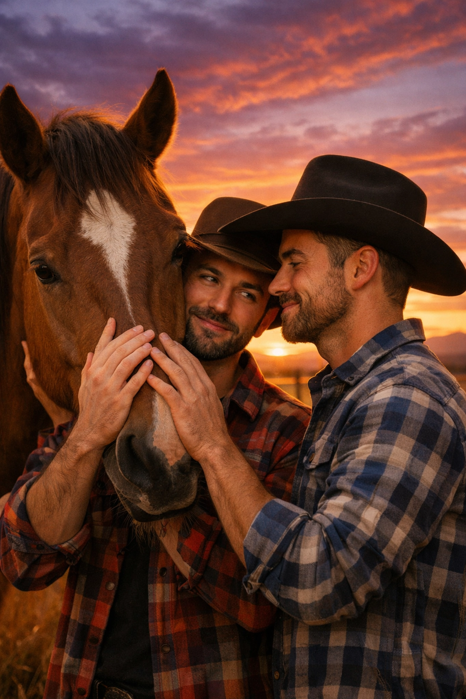 Two men in cowboy hats sharing a romantic moment with a horse on a ranch at sunset, evoking MM romance.