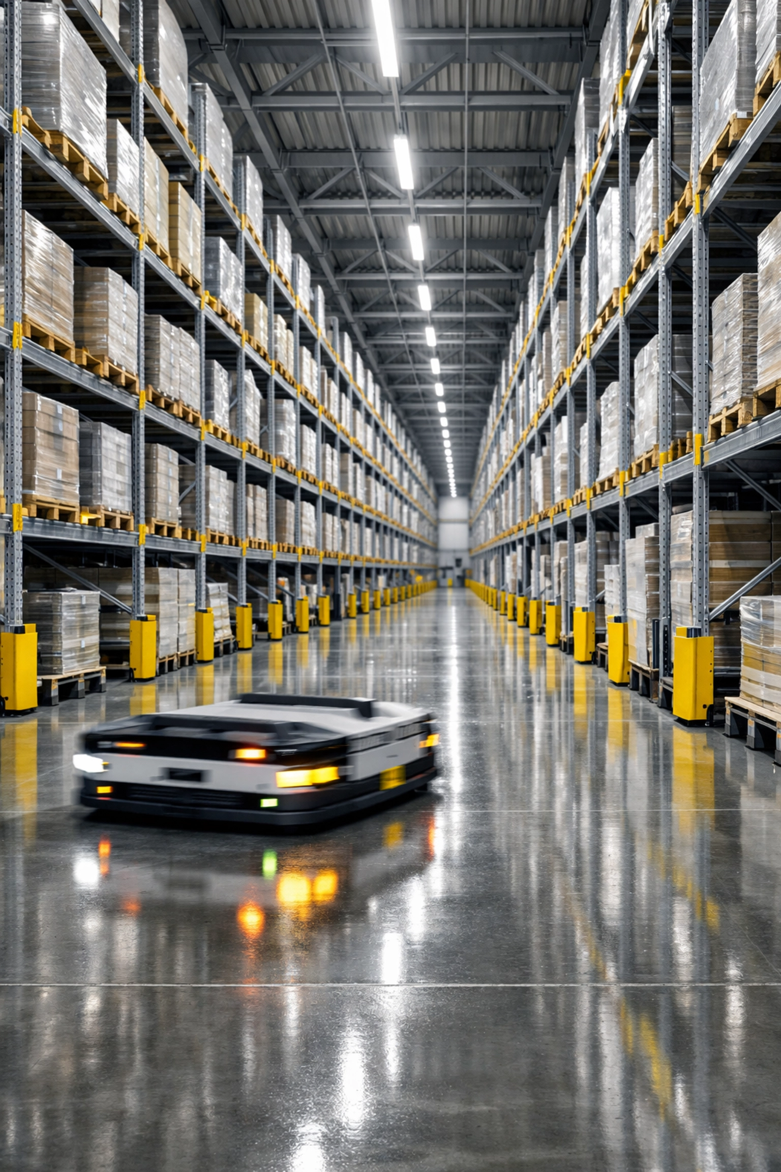 Automated warehouse management services featuring robotic AGVs and high-performance industrial racking systems.