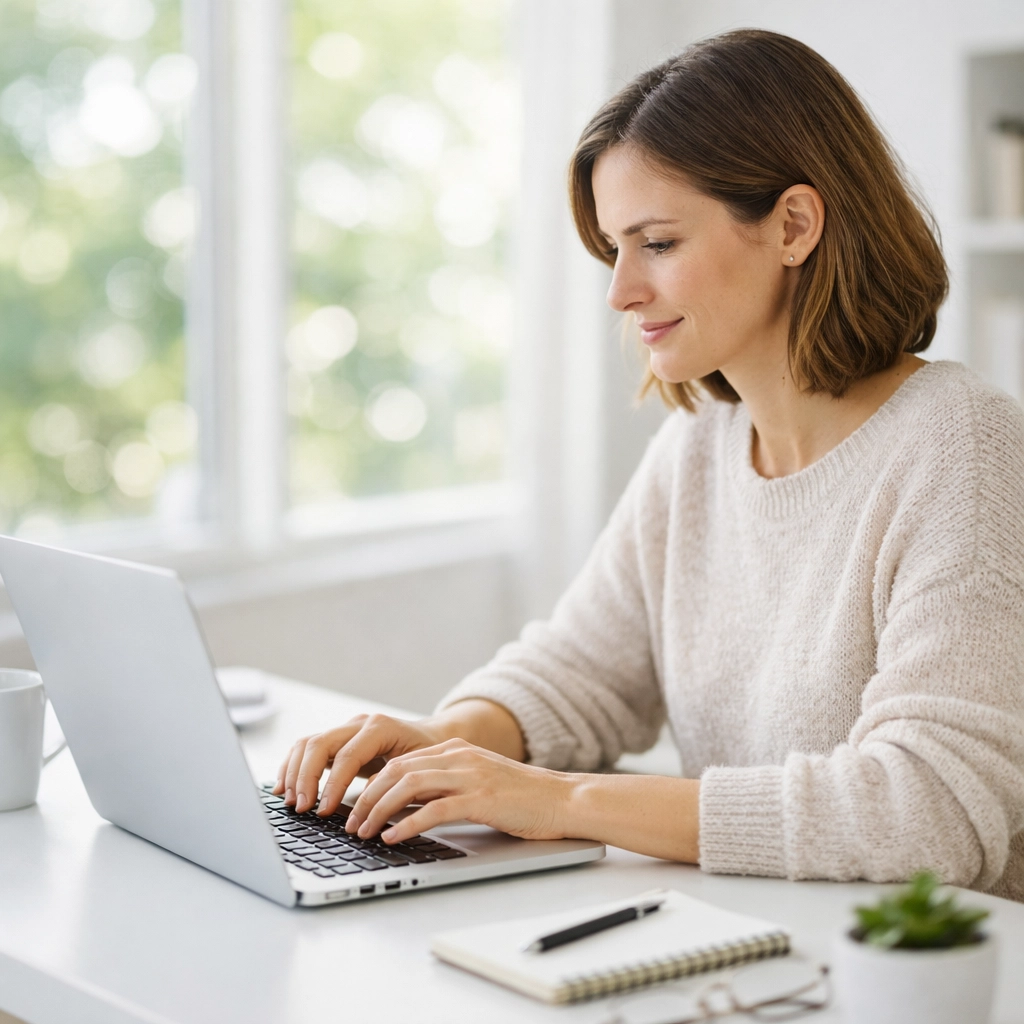 A person calmly applying for an emergency loan in Canada no credit check via laptop at a bright desk.