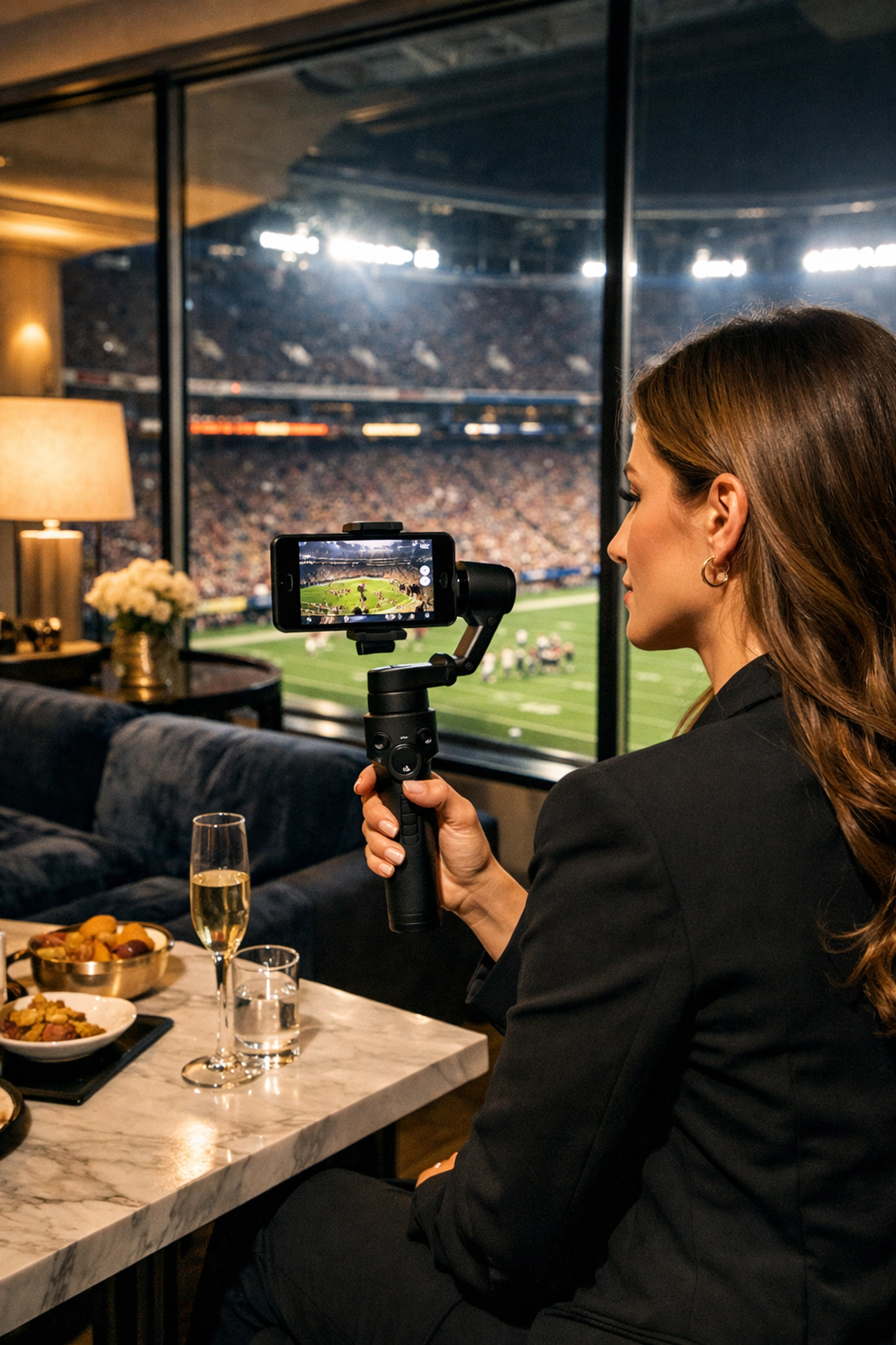 A content creator capturing social media content inside a luxury Super Bowl corporate hospitality suite.