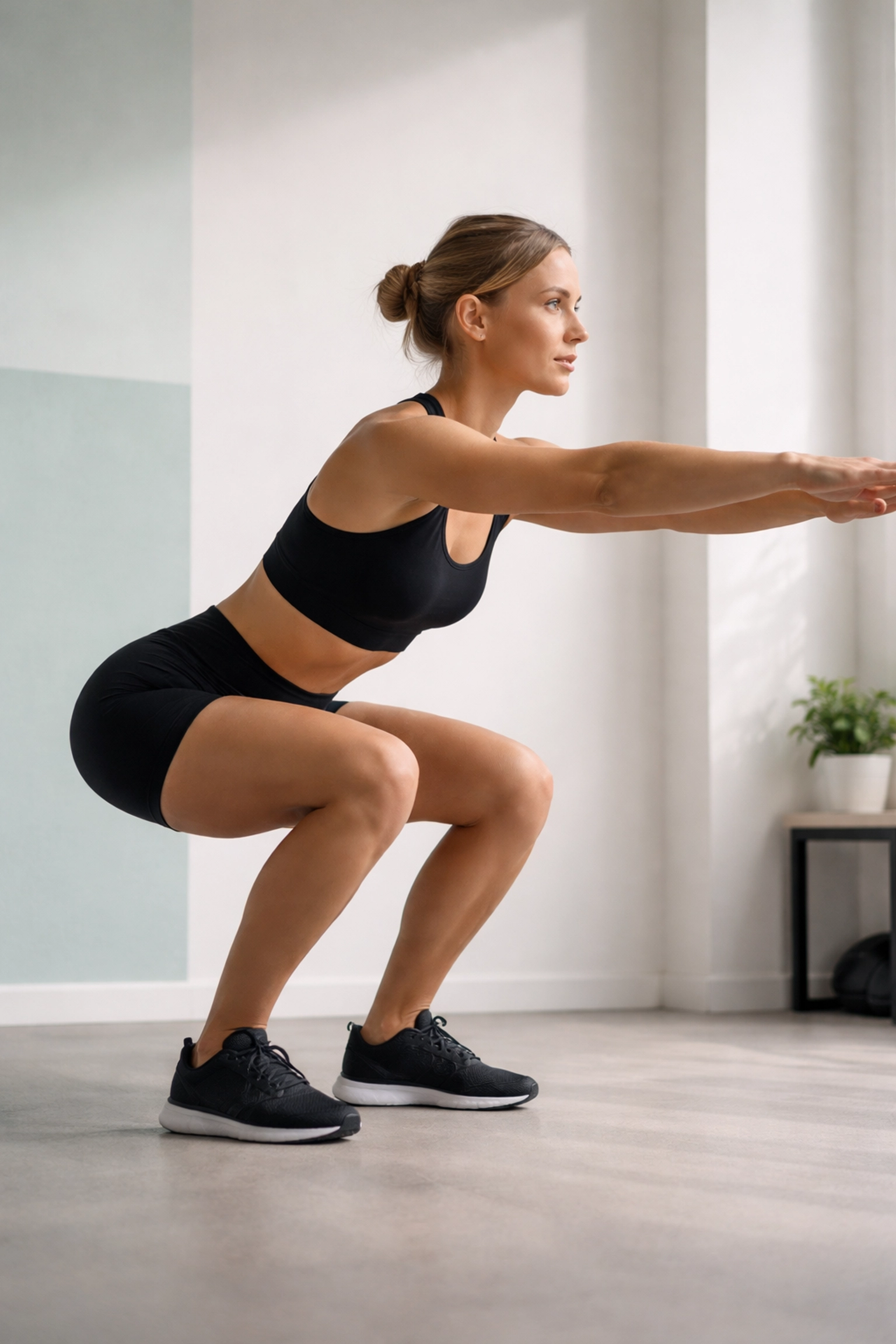 Athlete performing a squat in a modern home gym demonstrating foundational fitness form and stability