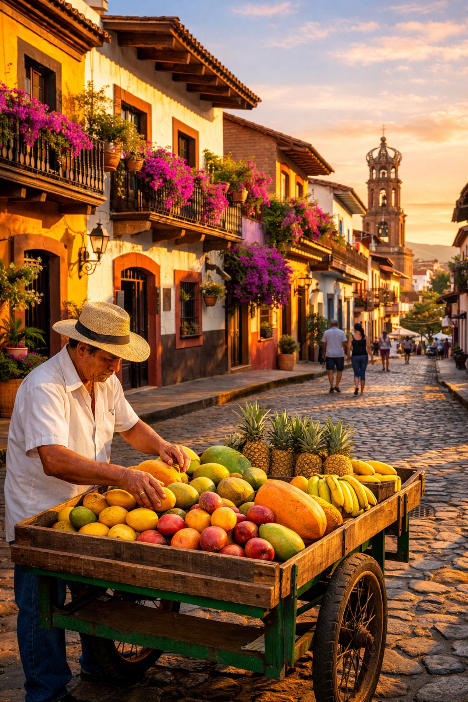 Colorful cobblestone street in Puerto Vallarta Old Town with colonial buildings and local fruit vendor