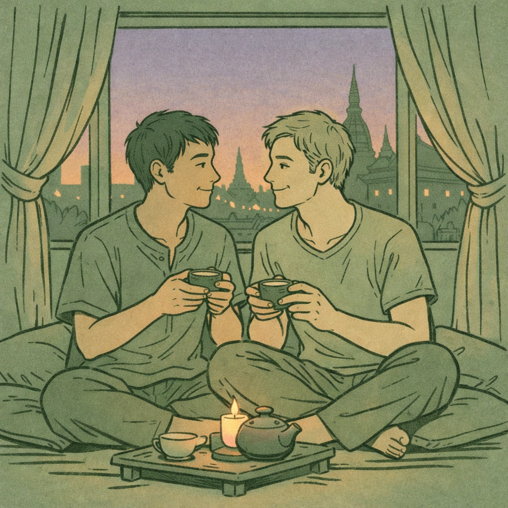 Gay couple sharing tea after massage in Bangkok with city skyline view