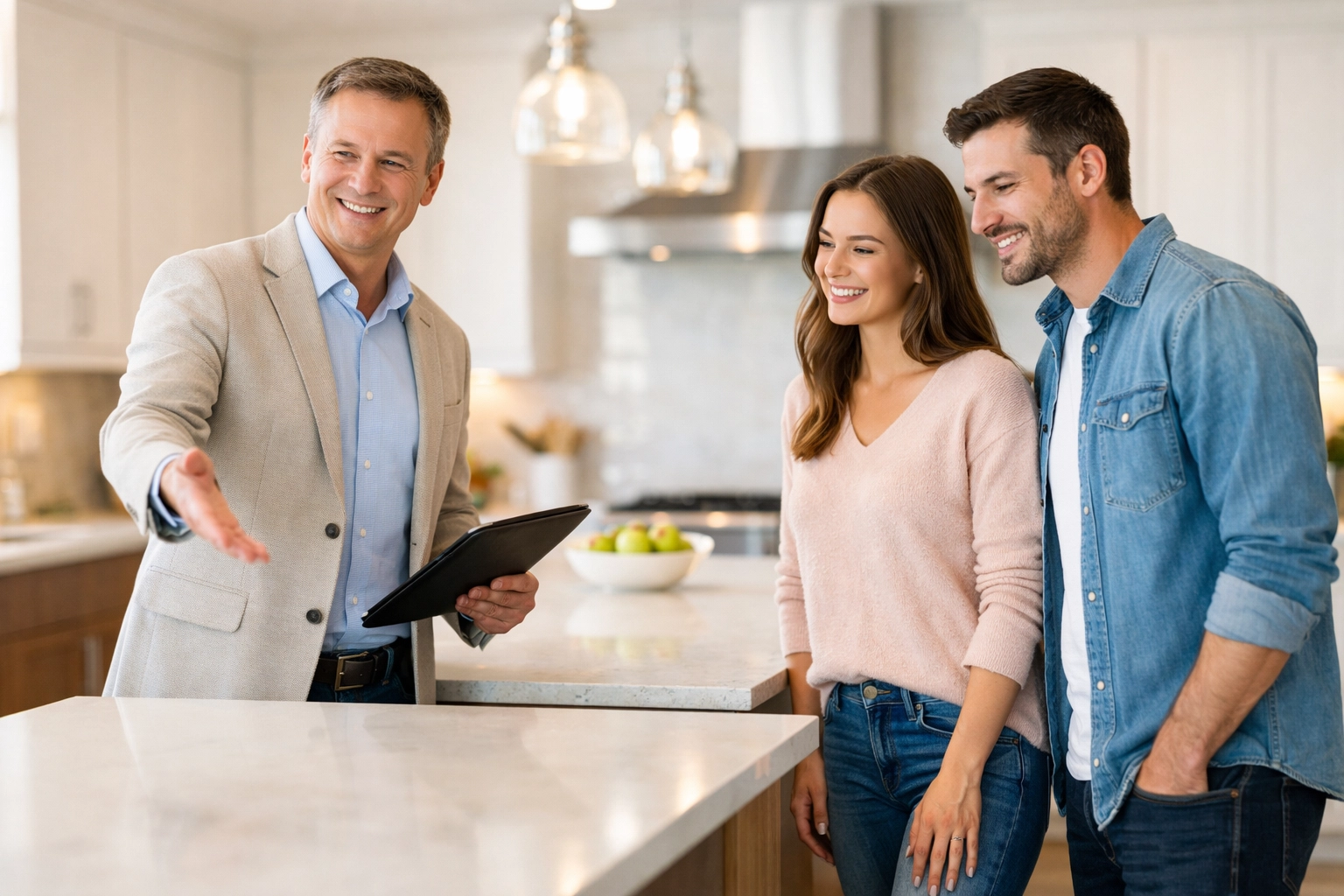 Real estate agent showing a modern kitchen to first-time buyers in the Denver metro area.