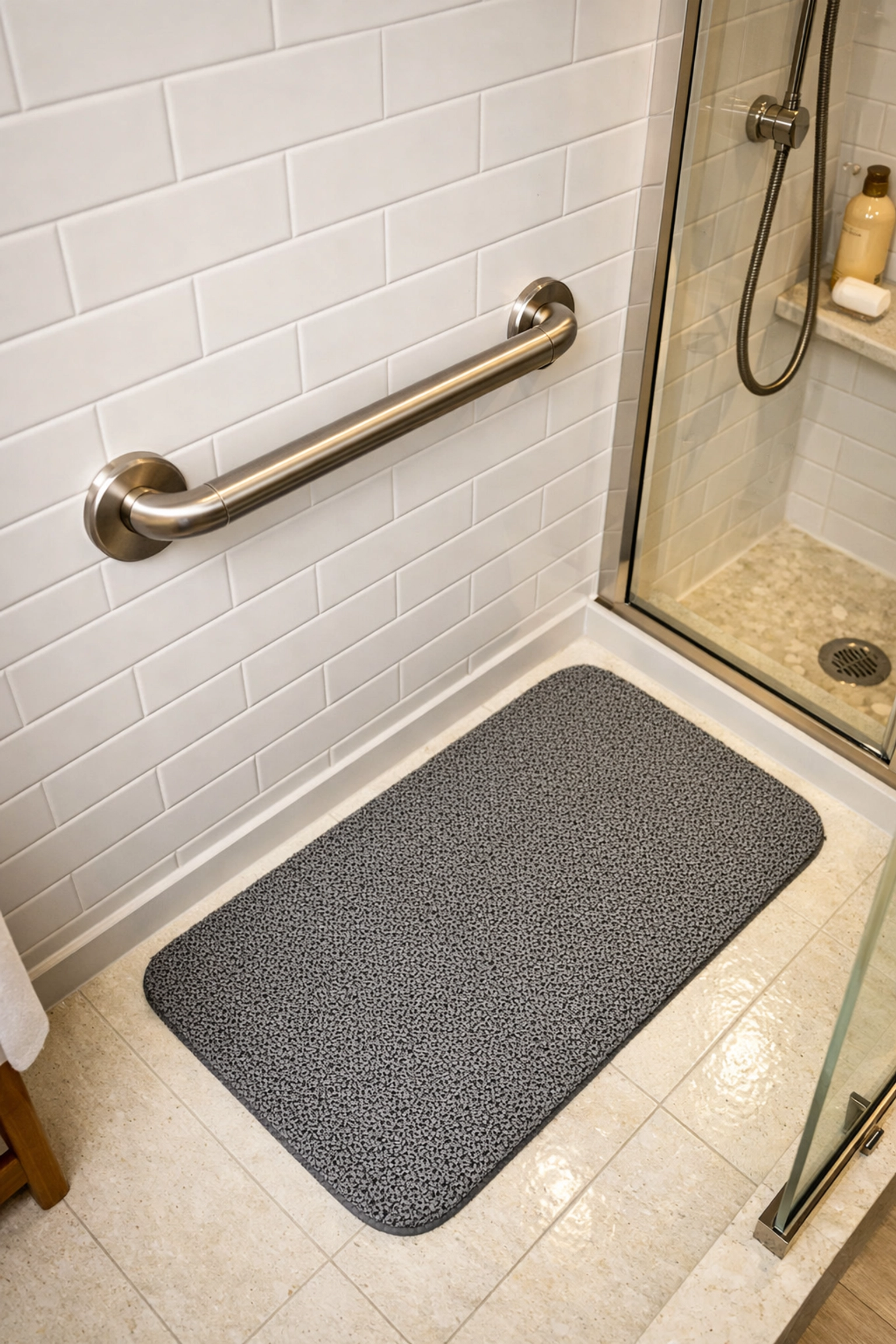 A sturdy bathroom grab bar and a high-traction floor mat installed for senior fall prevention.