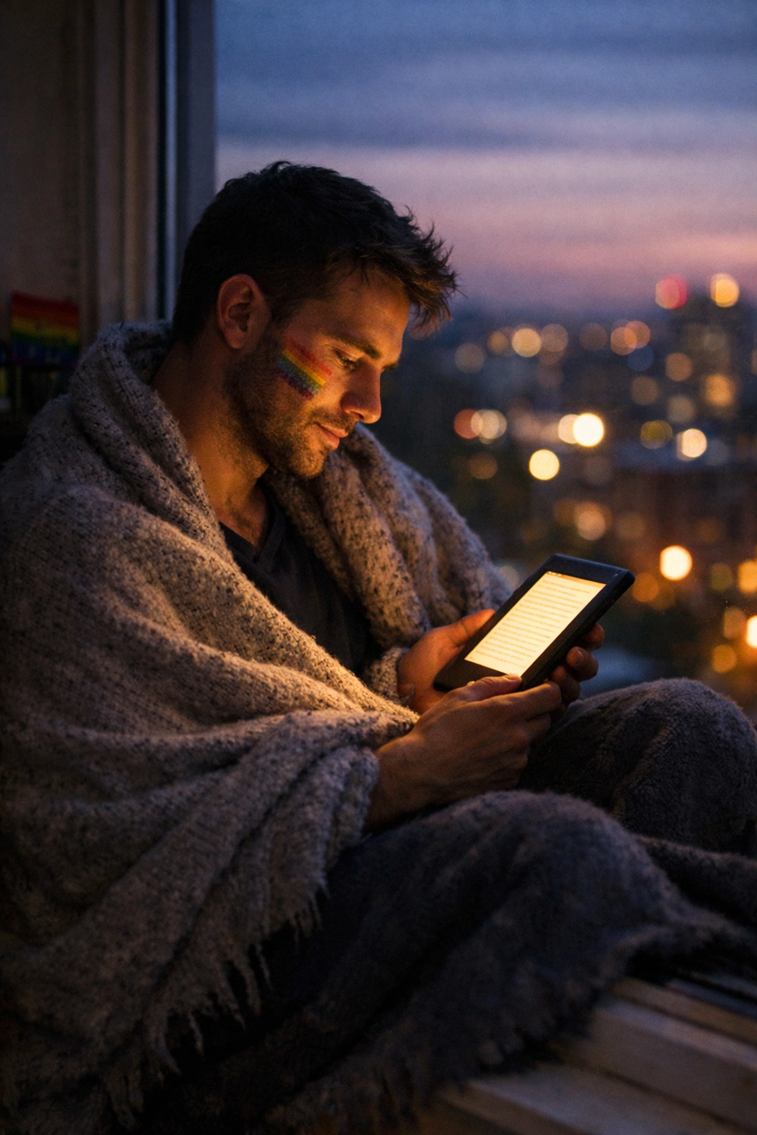 A man in rainbow face paint reading an LGBTQ+ ebook on a window sill after a Pride event.
