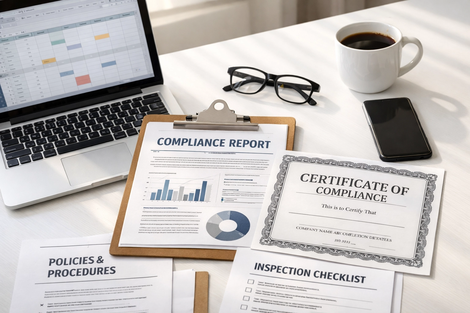 Organized landlord compliance documents and certificates on desk for property audit