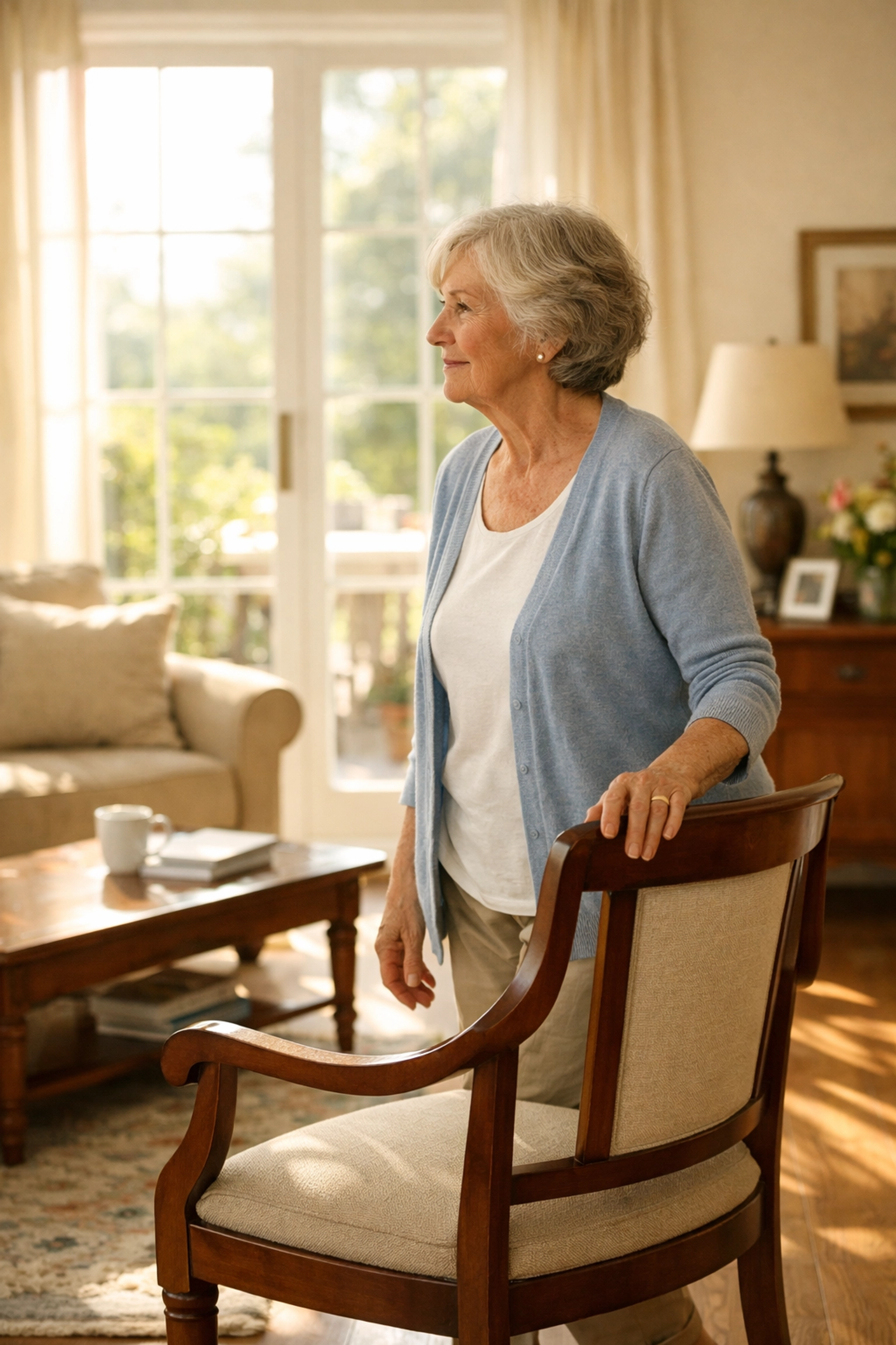 Senior woman using an armchair for balance while walking in her living room to prevent falls.