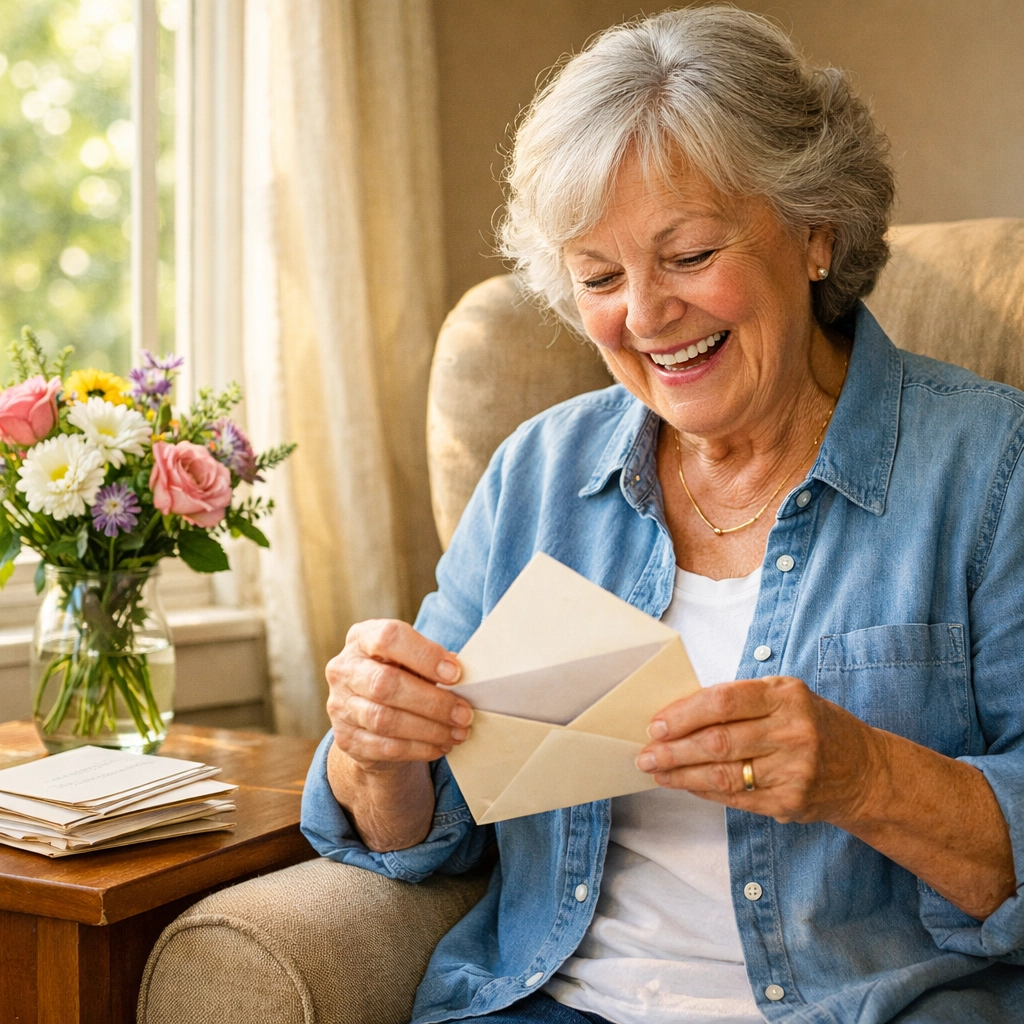 Happy elderly woman opening pen pal letter by window in armchair