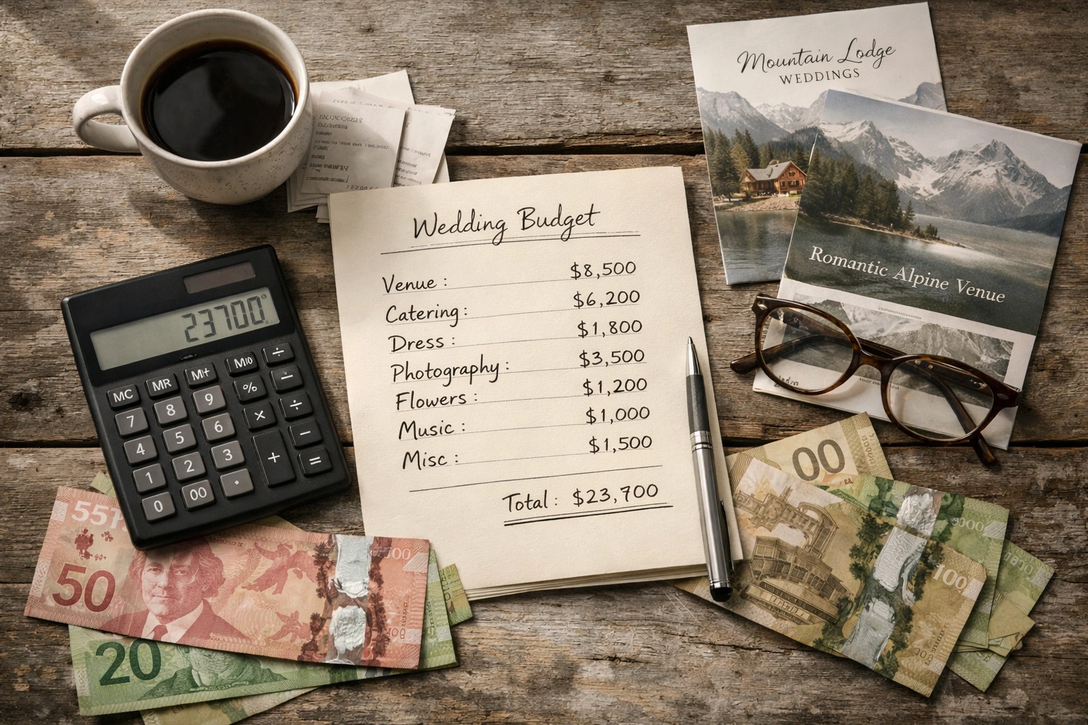 Wedding budget planning with calculator and notes for Banff wedding package costs