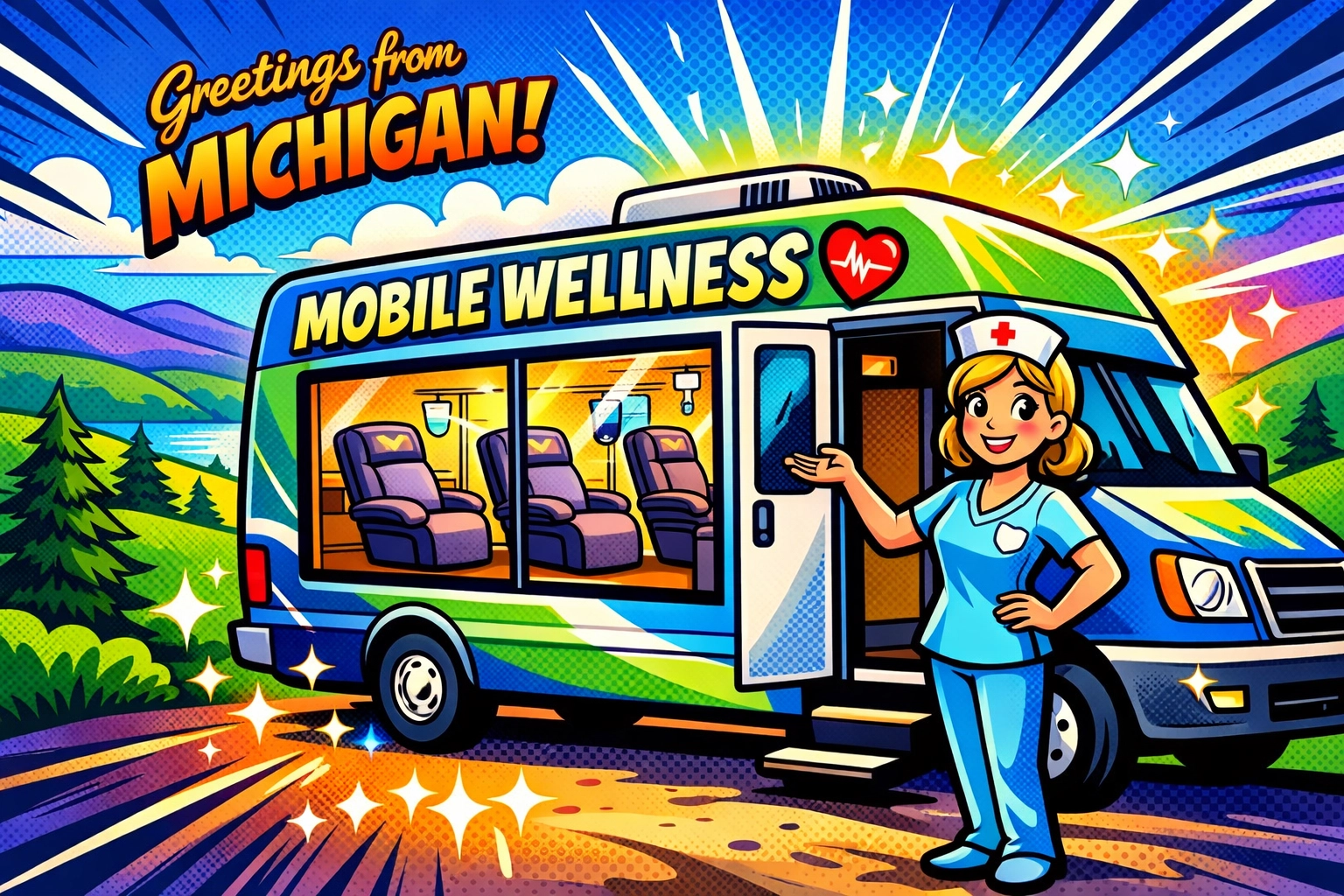 Mobile wellness van providing IV therapy services across Michigan landscape