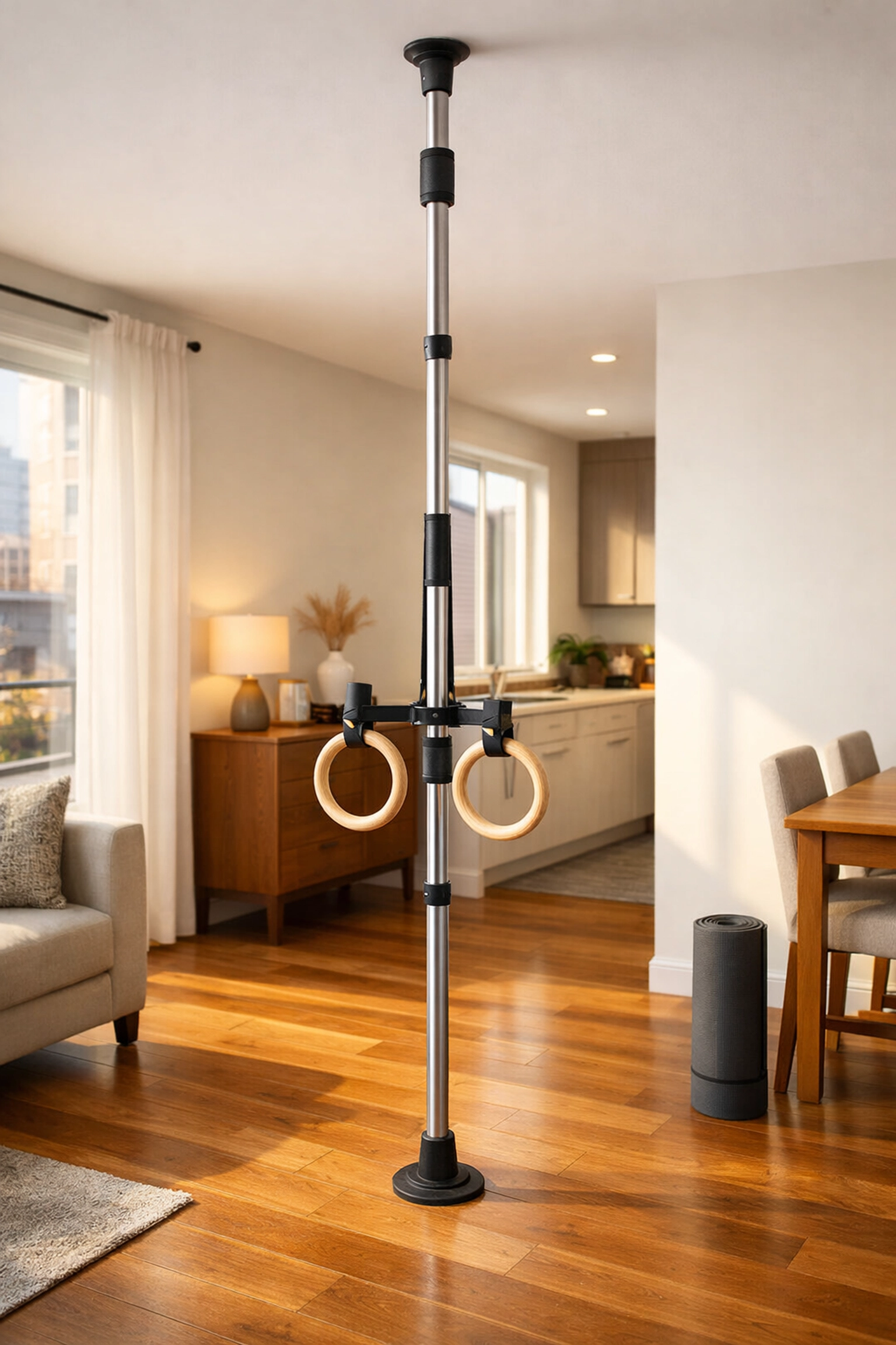Floor-to-ceiling home gym system with gymnastic rings in apartment without wall damage