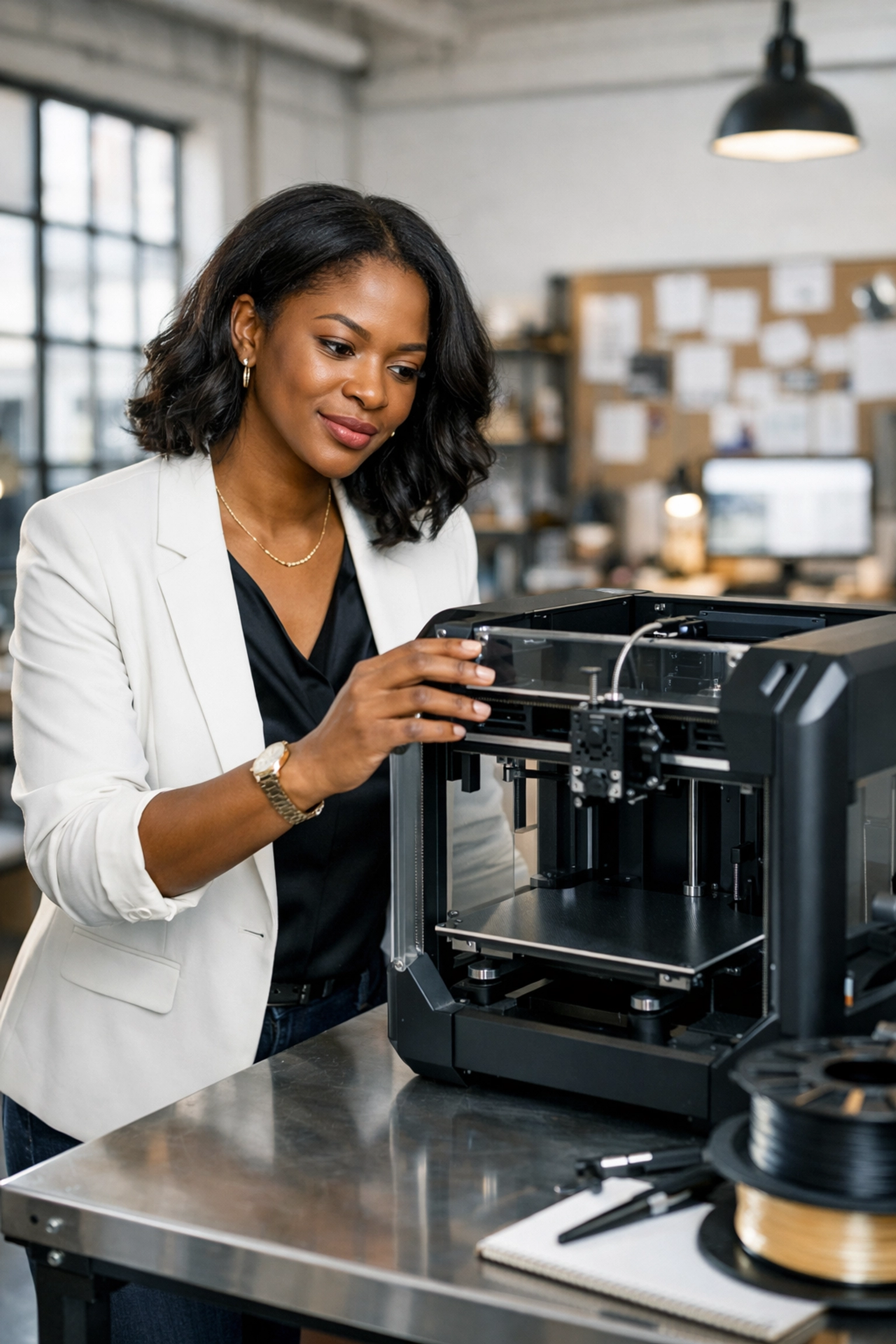 Female entrepreneur inspecting new business equipment for Section 179 tax deduction eligibility.