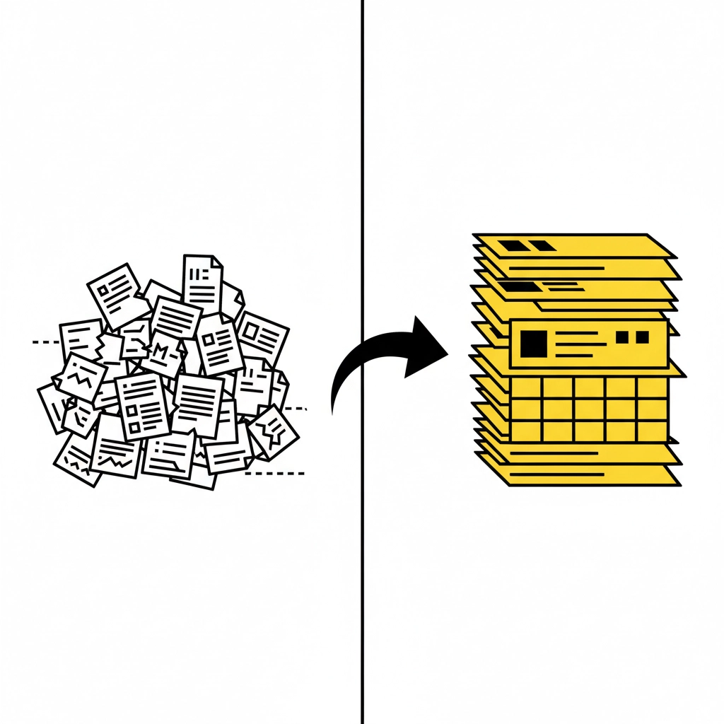 Pile of scattered papers on the left transforms into a neat stack of yellow files on the right with an arrow in between, symbolizing organization.