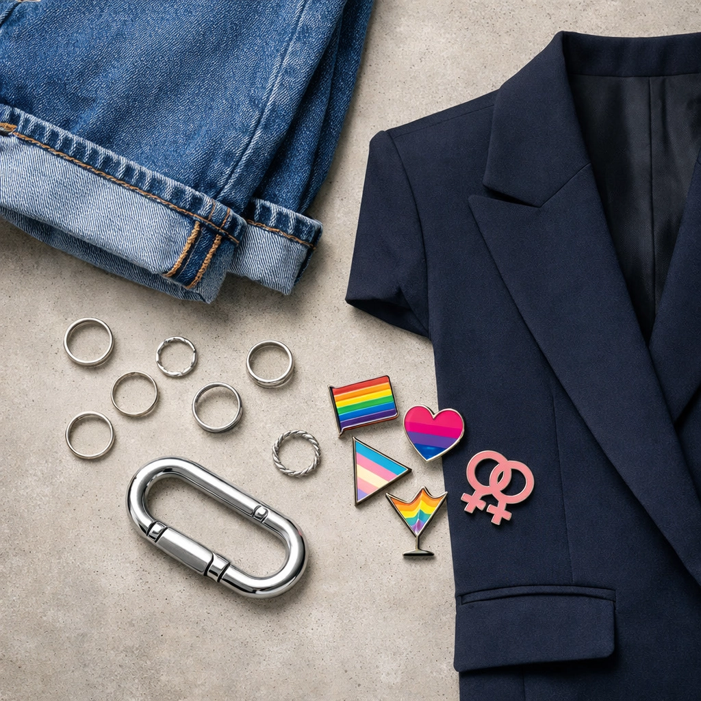 Queer-coded fashion essentials: cuffed jeans, carabiner, rings, and structured blazer